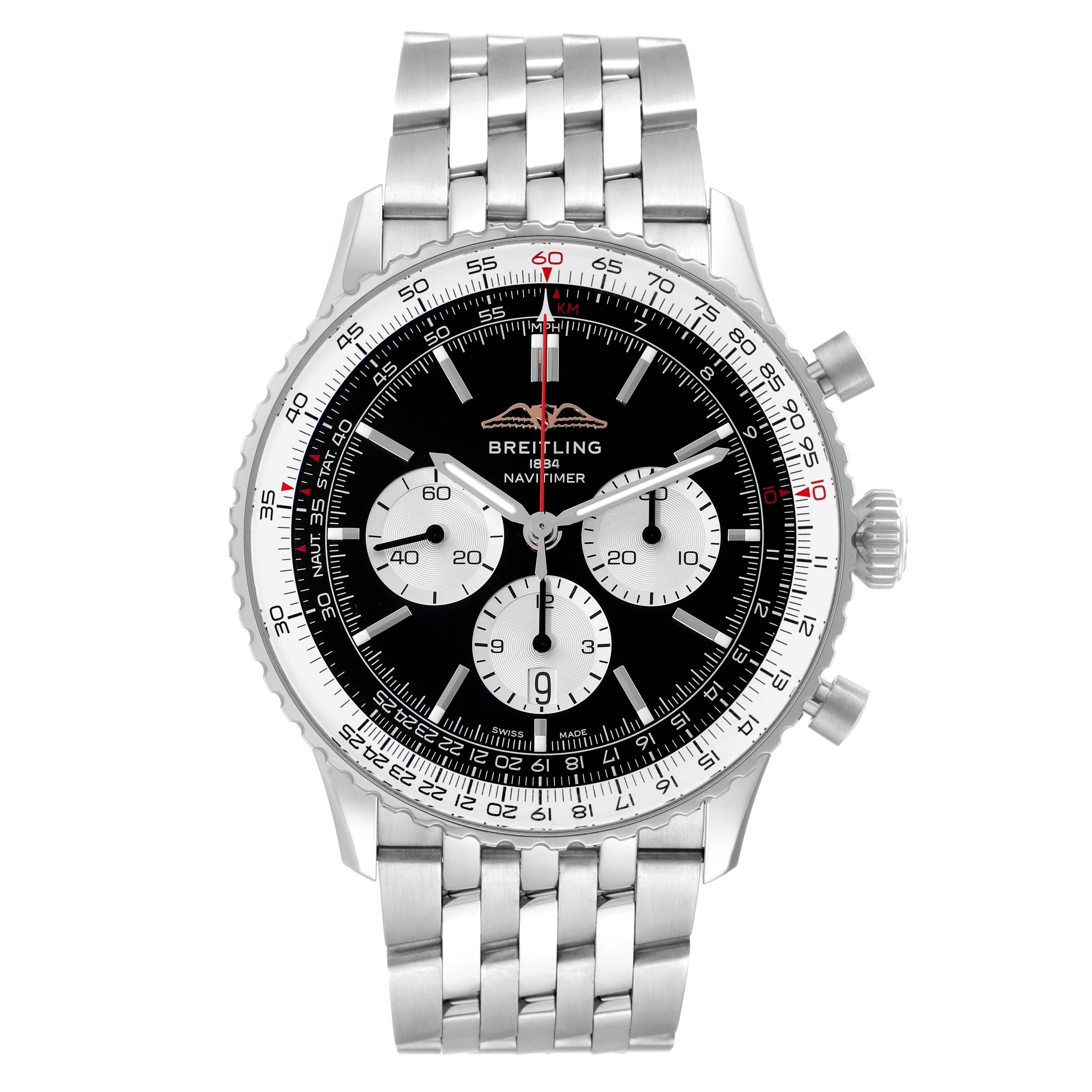 Breitling Navitimer 01 Black Dial Steel Mens Watch AB0137 Box Card. Self-winding automatic officially certified chronometer movement. Chronograph function. Stainless steel case 46 mm in diameter. Case thickness 13.9 mm. Transparent exhibition