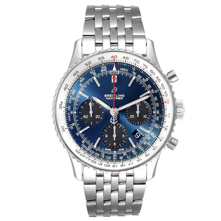 Breitling Navitimer 01 Blue Dial Limited Edition Herrenuhr AB0121 Box Card. Automatisches, offiziell zertifiziertes Chronometerwerk mit Selbstaufzug. Chronographen-Funktion. Gehäuse aus rostfreiem Stahl mit einem Durchmesser von 43 mm. Gehäusedicke
