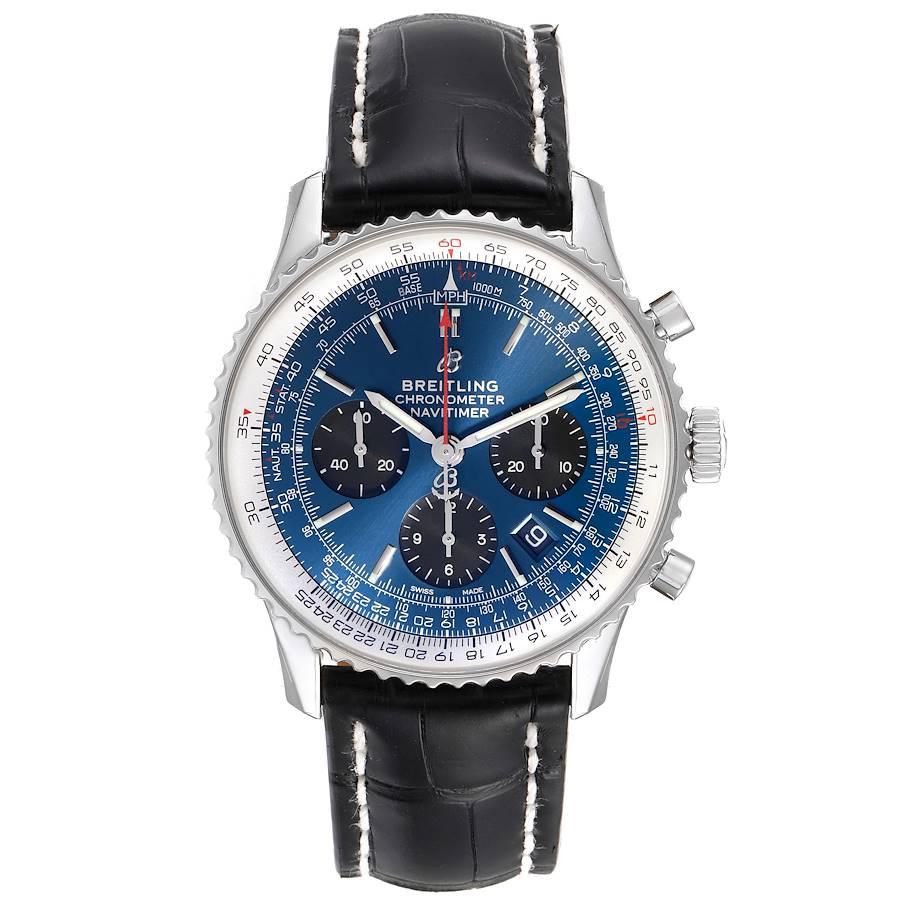 Breitling Navitimer 01 Blue Dial Limited Edition Mens Watch AB0121 Unworn. Self-winding automatic officially certified chronometer movement. Chronograph function. Stainless steel case 43 mm in diameter. Case thickness 14.25 mm. Transparent