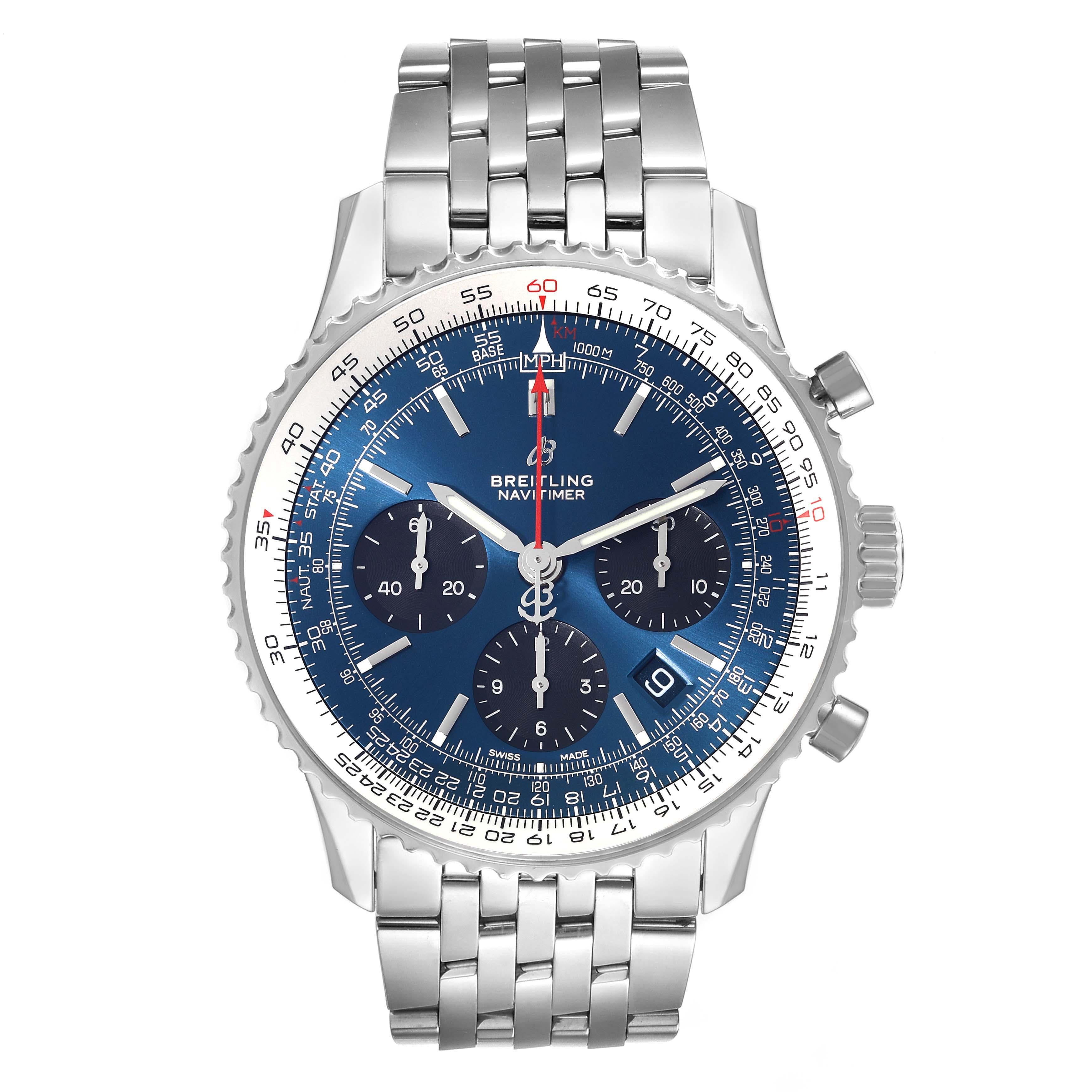 Breitling Navitimer 01 Blue Dial Steel Mens Watch AB0121 Box Card. Self-winding automatic officially certified chronometer movement. Chronograph function. Stainless steel case 43 mm in diameter. Case thickness 14.25 mm. Transparent exhibition