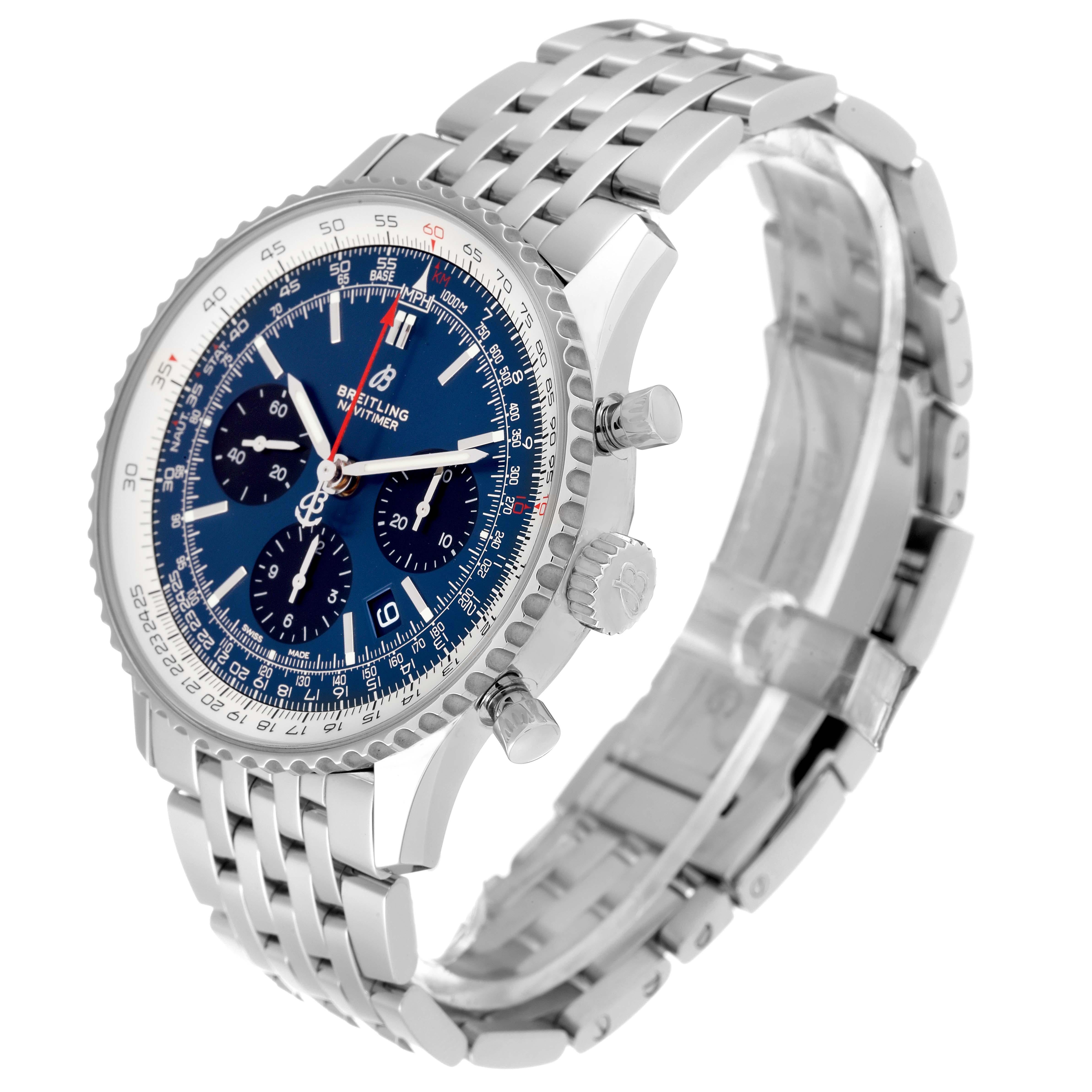Men's Breitling Navitimer 01 Blue Dial Steel Mens Watch AB0121 Box Card For Sale