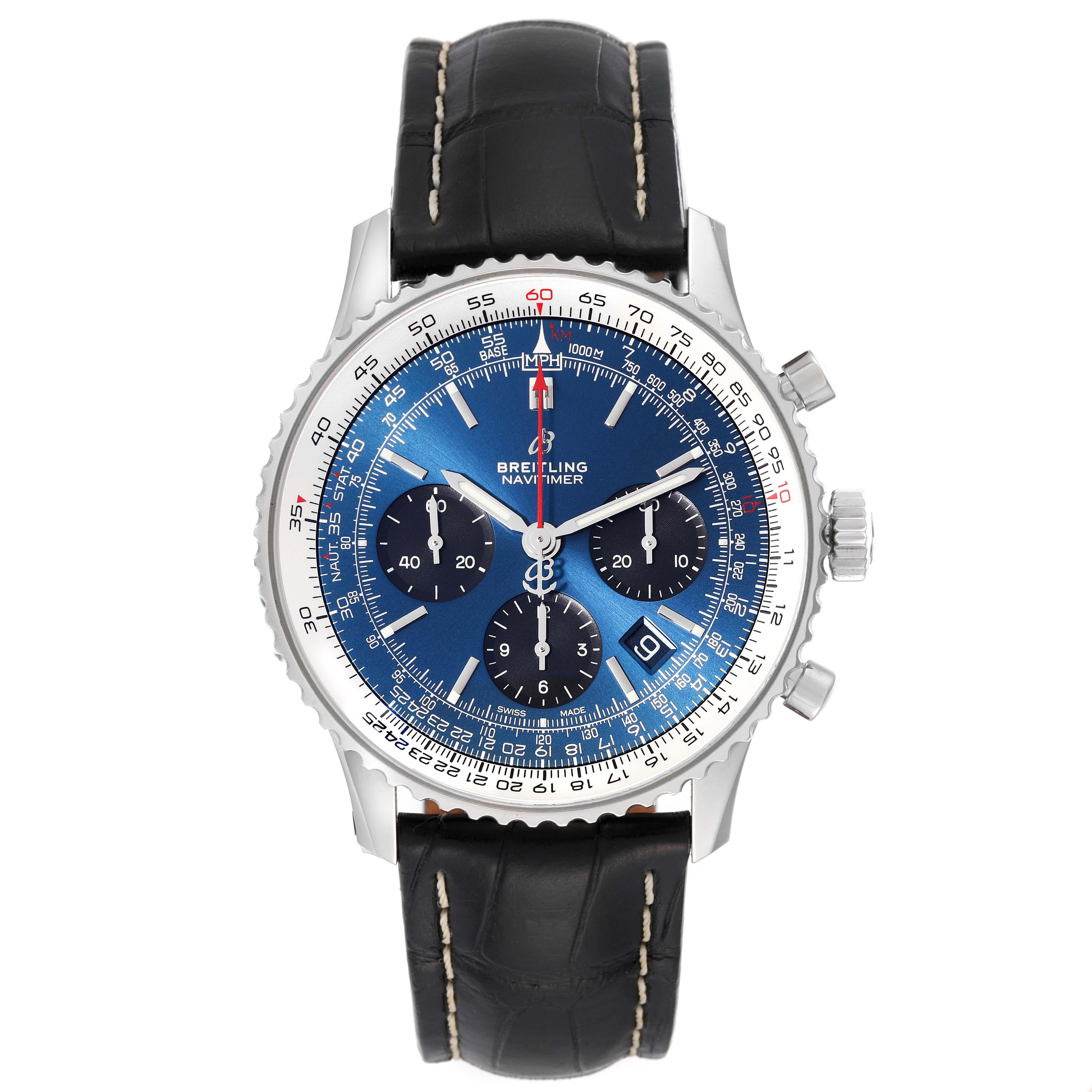 Breitling Navitimer 01 Blue Dial Steel Mens Watch AB0121 Unworn. Self-winding automatic officially certified chronometer movement. Chronograph function. Stainless steel case 43 mm in diameter. Case thickness 14.25 mm. Transparent exhibition sapphire