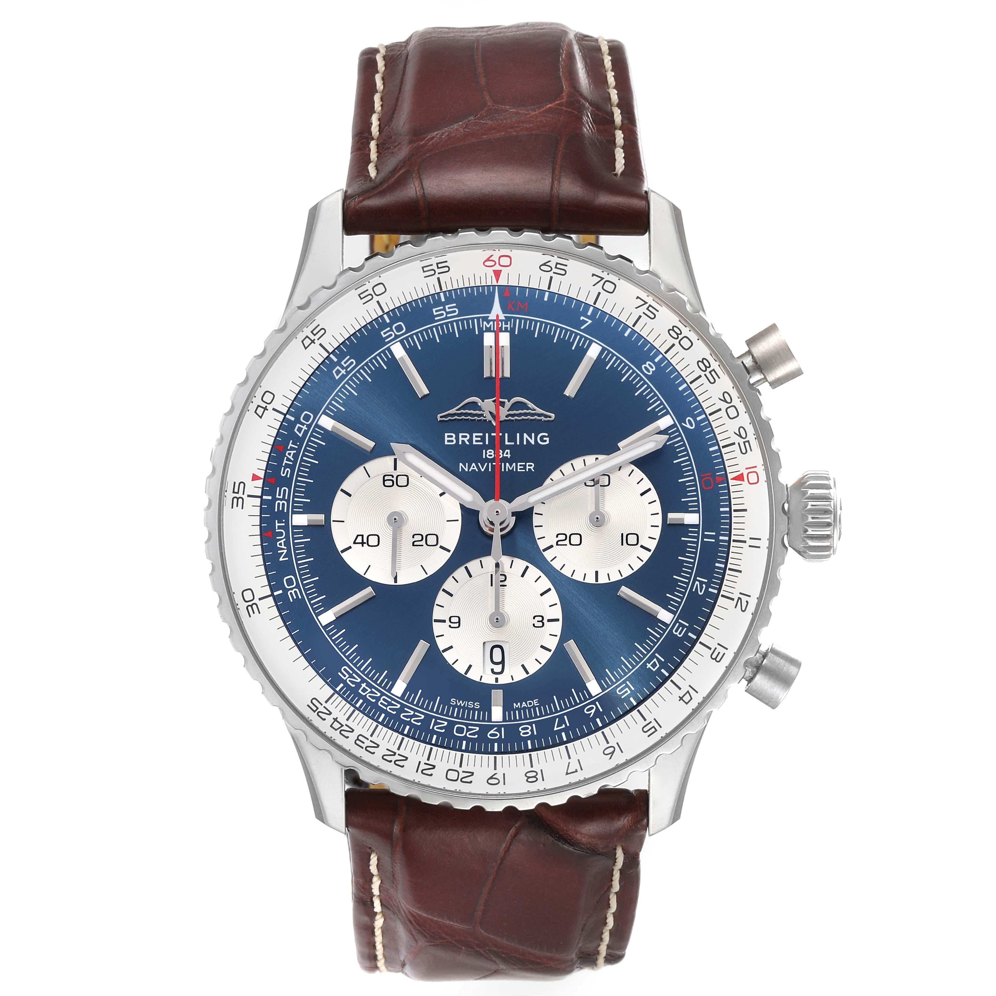 Breitling Navitimer 01 Blue Dial Steel Mens Watch AB0137 Box Card. Self-winding automatic officially certified chronometer movement. Chronograph function. Stainless steel case 46 mm in diameter. Case thickness 13.9 mm. Transparent exhibition