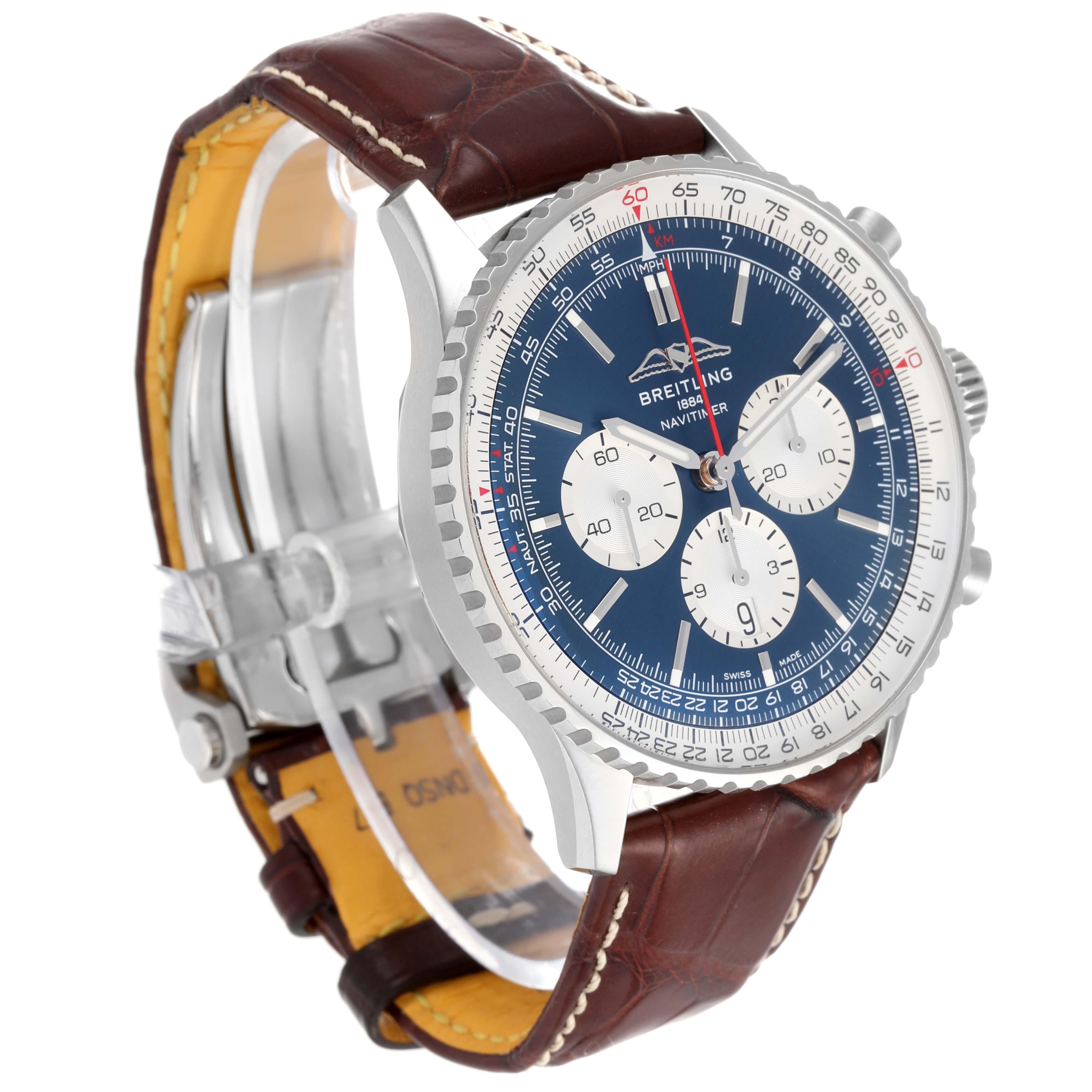 Breitling Navitimer 01 Blue Dial Steel Mens Watch AB0137 Box Card In Excellent Condition In Atlanta, GA