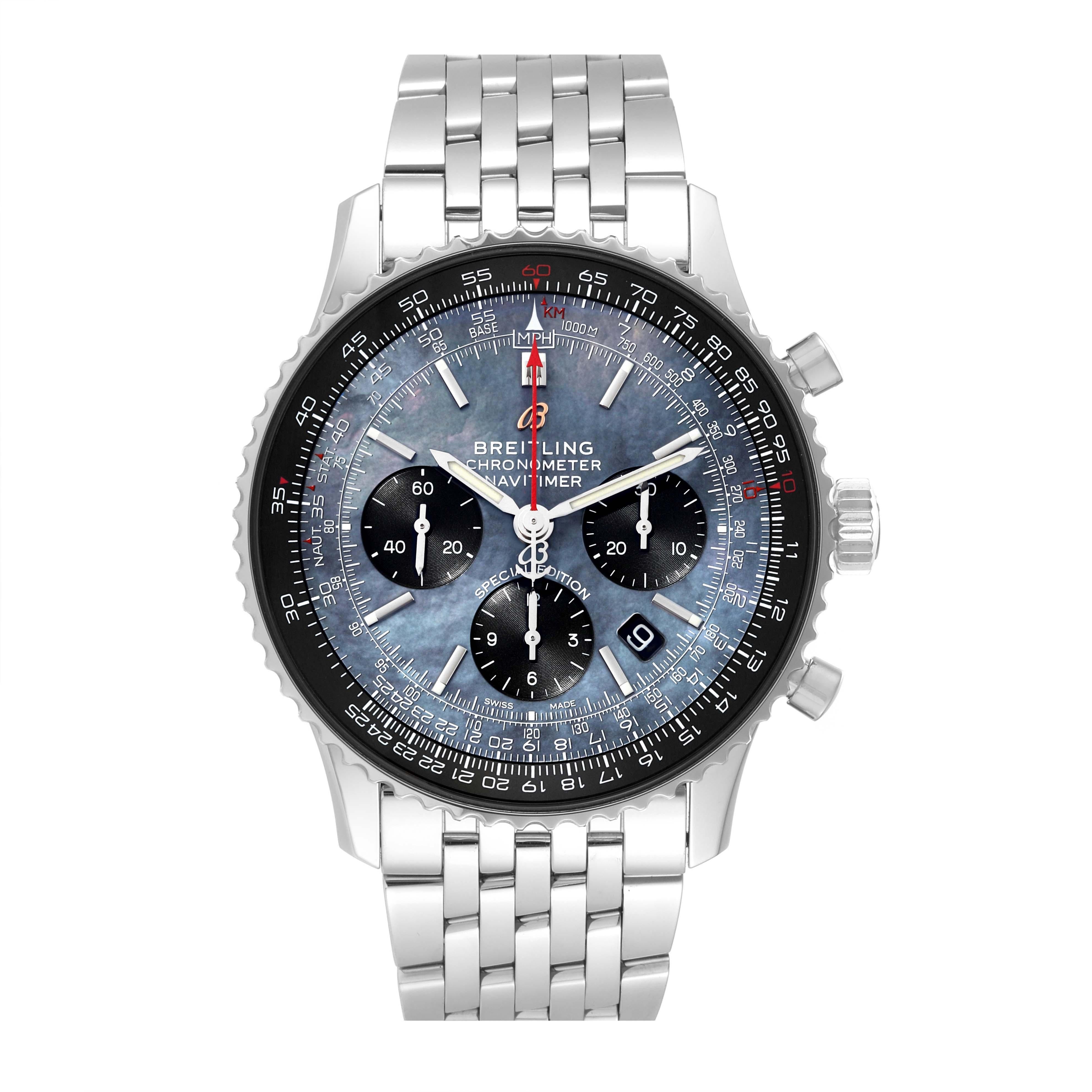 Breitling Navitimer 01 Blue Mother of Pearl Dial Steel Mens Watch AB0121. Self-winding automatic officially certified chronometer movement. Chronograph function. Stainless steel case 43 mm in diameter. Case thickness 14.25 mm. Transparent exhibition