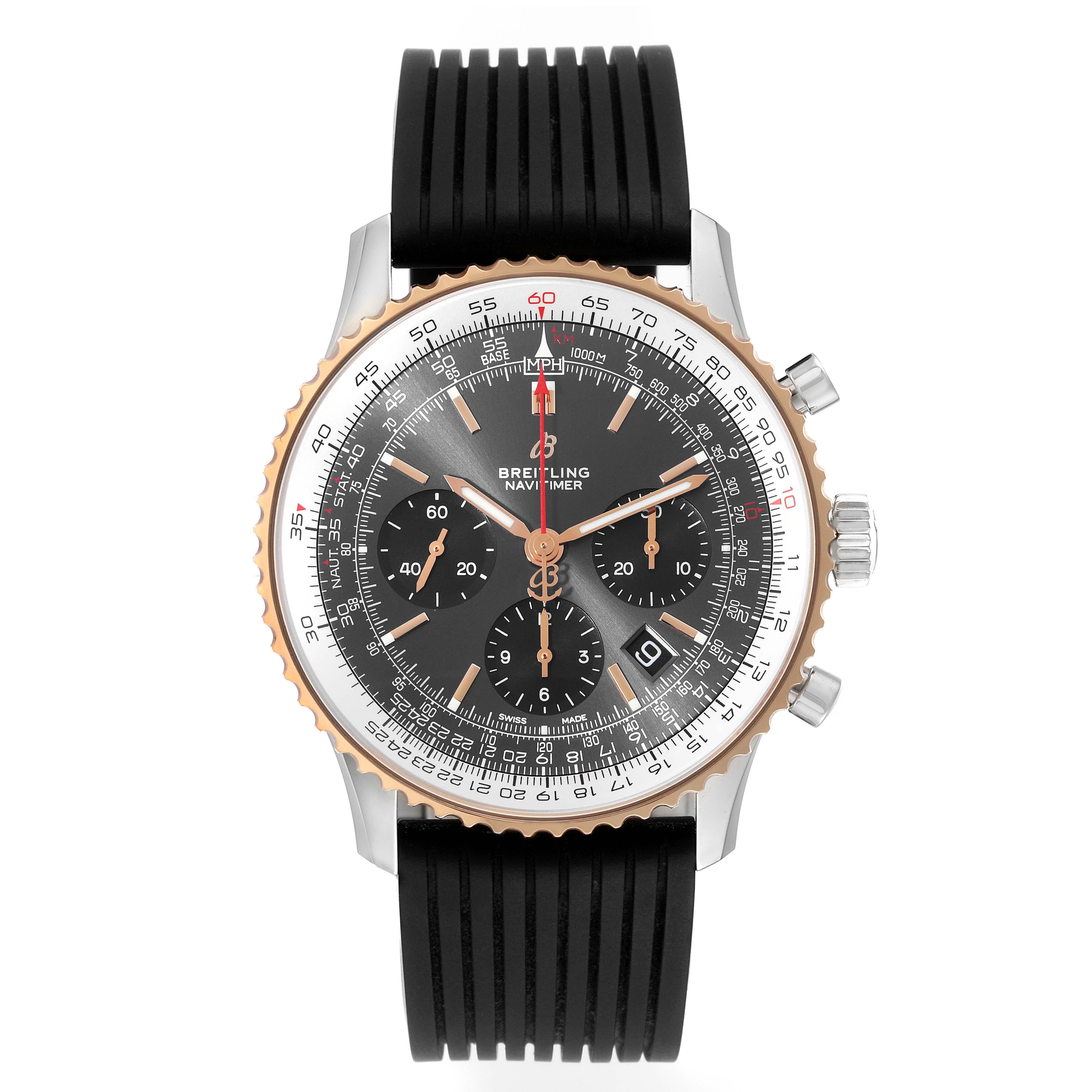 Breitling Navitimer 01 Grey Dial Steel Rose Gold Mens Watch UB0121 Box Card. Self-winding automatic officially certified chronometer movement. Chronograph function. Stainless steel case 42 mm in diameter.  Transparent exhibition sapphire crystal