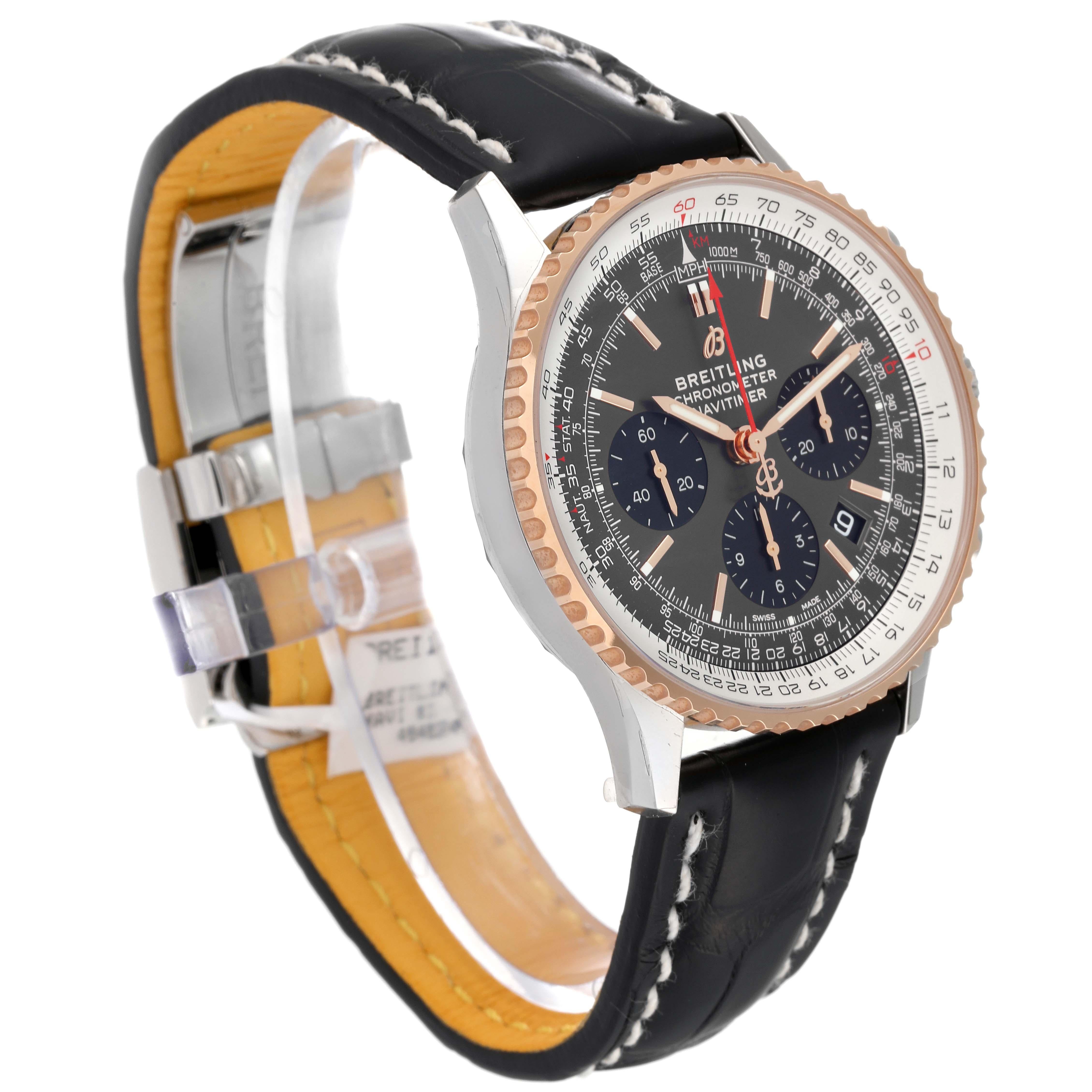Breitling Navitimer 01 Grey Dial Steel Rose Gold Mens Watch UB0121 Unworn. Self-winding automatic officially certified chronometer movement. Chronograph function. Stainless steel case 42 mm in diameter.  Transparent exhibition sapphire crystal
