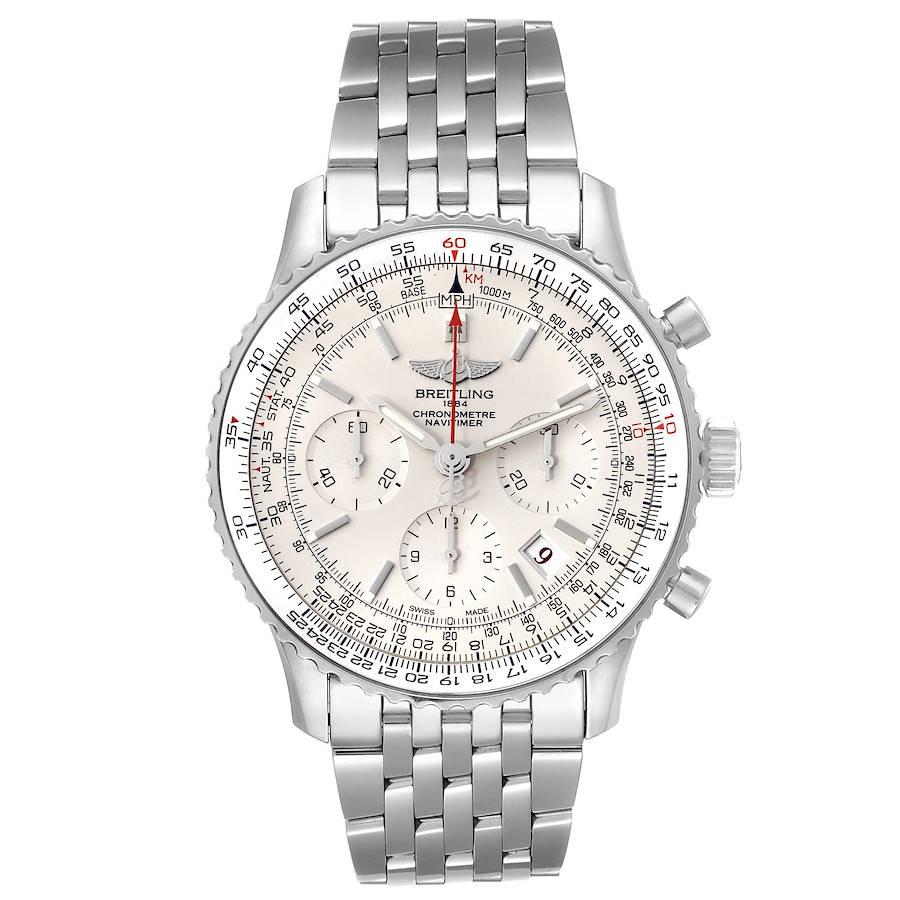 Breitling Navitimer 01 Limited Edition Silver Dial Steel Mens Watch AB0123. Automatic self-winding officially certified chronometer movement. Chronograph function. Stainless steel case 43.0 mm in diameter. Stainless steel screwed-down crown and