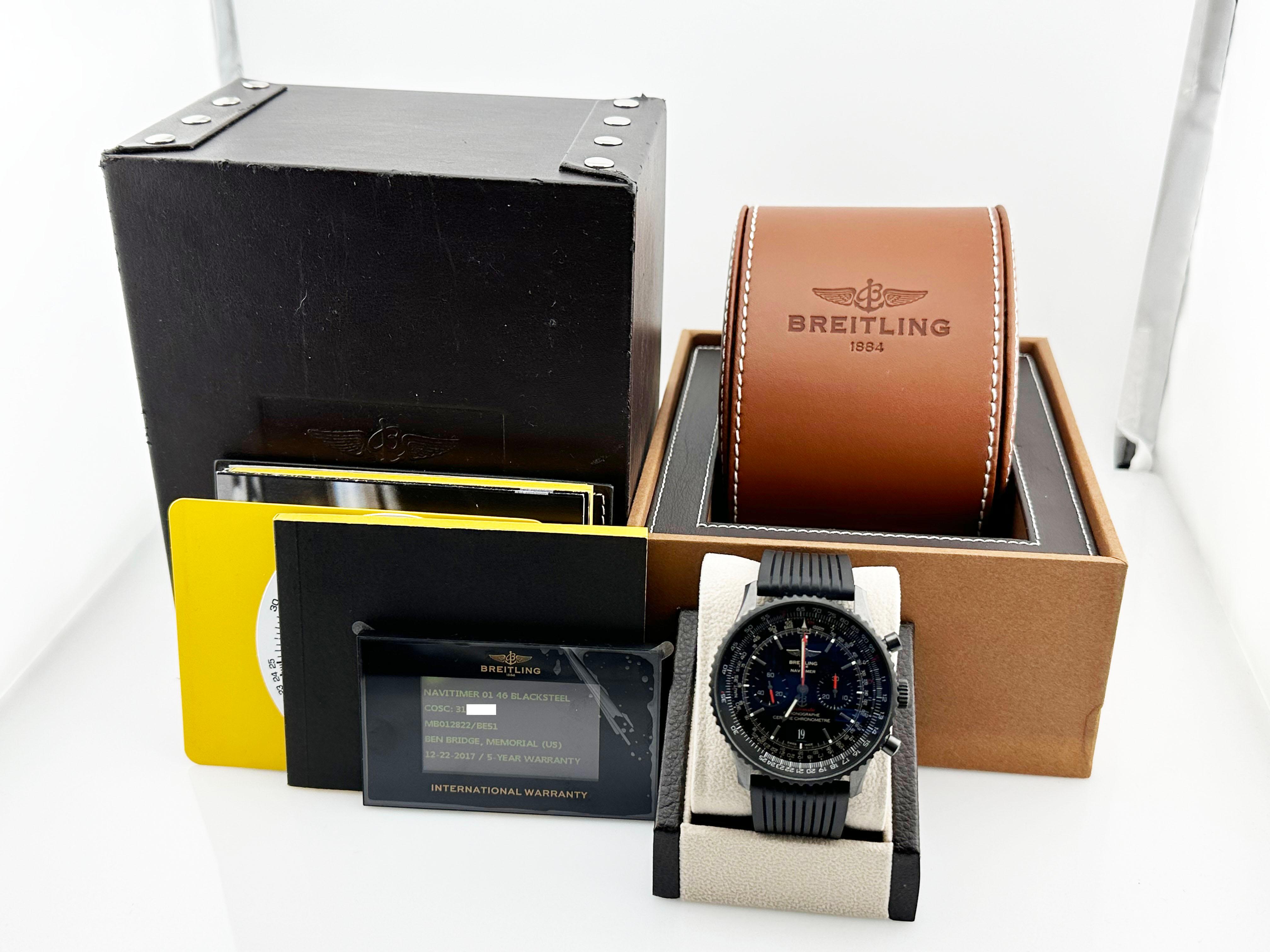 Style Number: MB012822



Year: 2017

 

Model: Breitling Navitimer 01

 

Case Material: Black Steel 

 

Band: Black Rubber

 

Bezel: Black Steel

 

Dial:  Black

 

Face: Sapphire Crystal 

 

Case Size: 46mm

 

Includes: 

-Breitling Box &