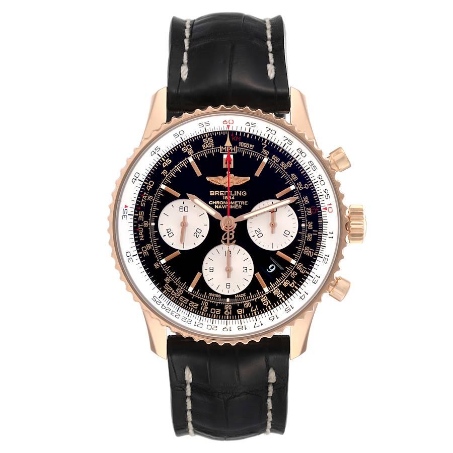 Breitling Navitimer 01 Rose Gold Black Dial Mens Watch RB0120 Box Card. Automatic self-winding officially certified chronometer movement. 18K rose gold case 43.0 mm in diameter. 18K rose gold push-down crown and pushers. 18K rose gold bidirectional