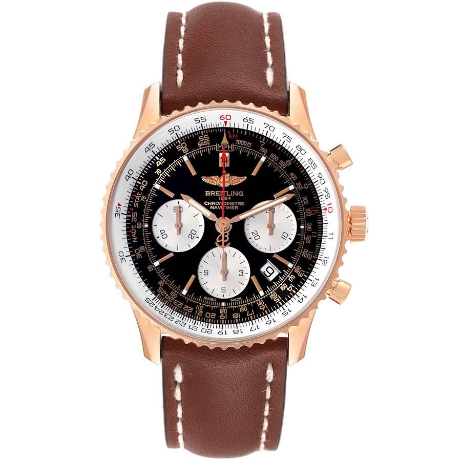 Breitling Navitimer 01 Rose Gold Black Dial Mens Watch RB0121 Box Papers. Automatic self-winding officially certified chronometer movement. 18K rose gold case 43.0 mm in diameter. 18K rose gold push-down crown and pushers. Transparent exhibition