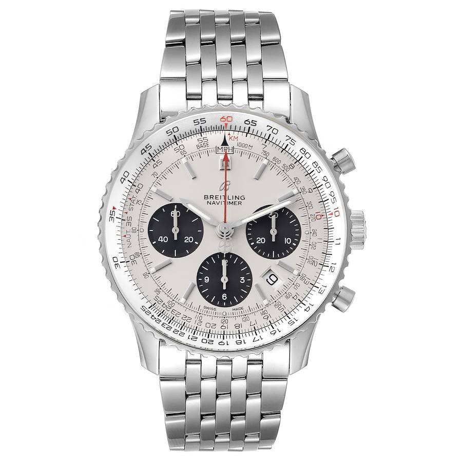 Breitling Navitimer 01 Silver Dial Steel Mens Watch AB0121 Box Card. Self-winding automatic officially certified chronometer movement. Chronograph function. Stainless steel case 43 mm in diameter. Case thickness 14.25 mm. Transparrent exhibition