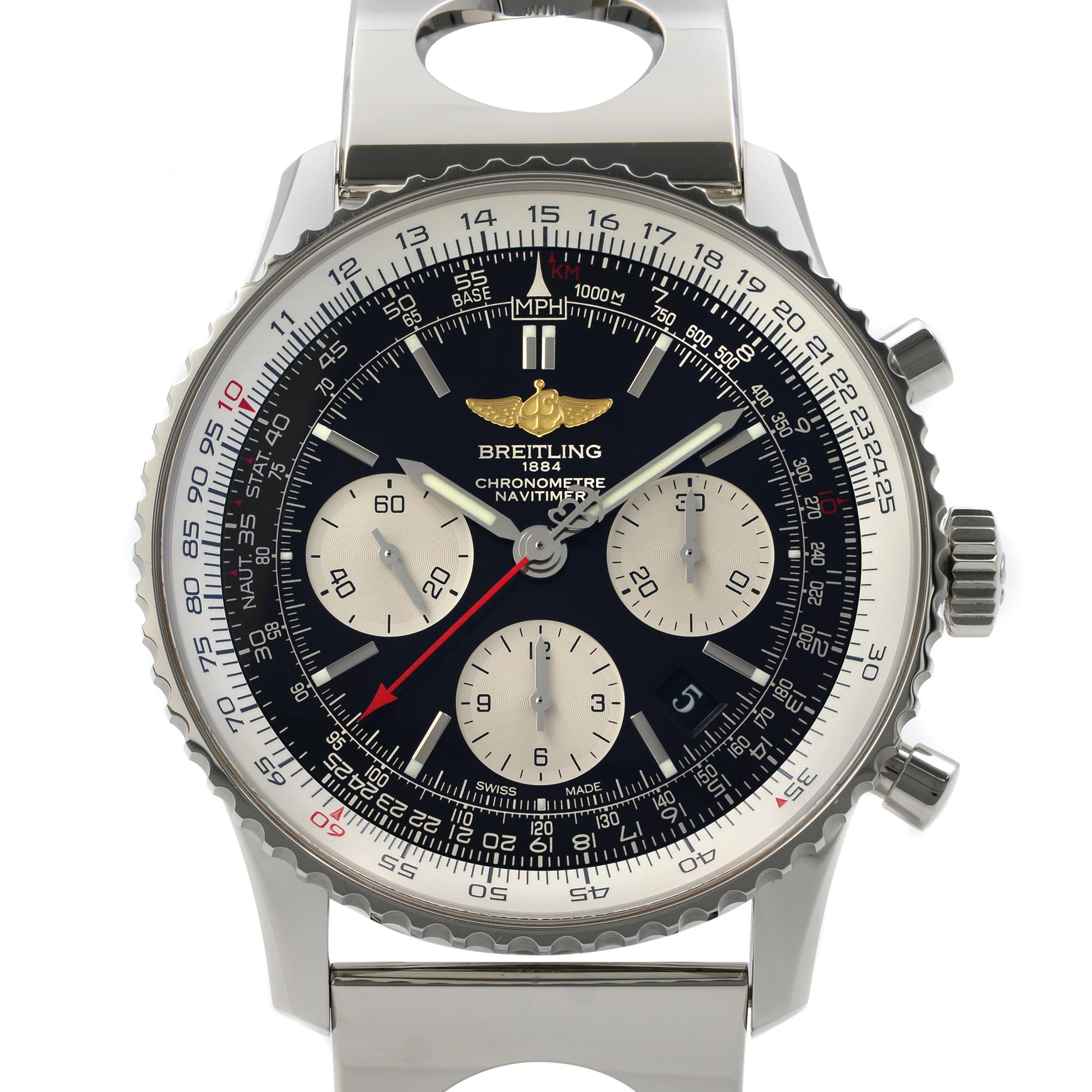 Breitling Navitimer Cosmonaute Bracelet. Super Mint Condition Comes with the manufacturer's box and authenticity certificate. 
Details:
MSRP 9050
Model Number AB012012/BB01-222A
Brand Breitling
Department Men
Style Dress/Formal, Sport
Model