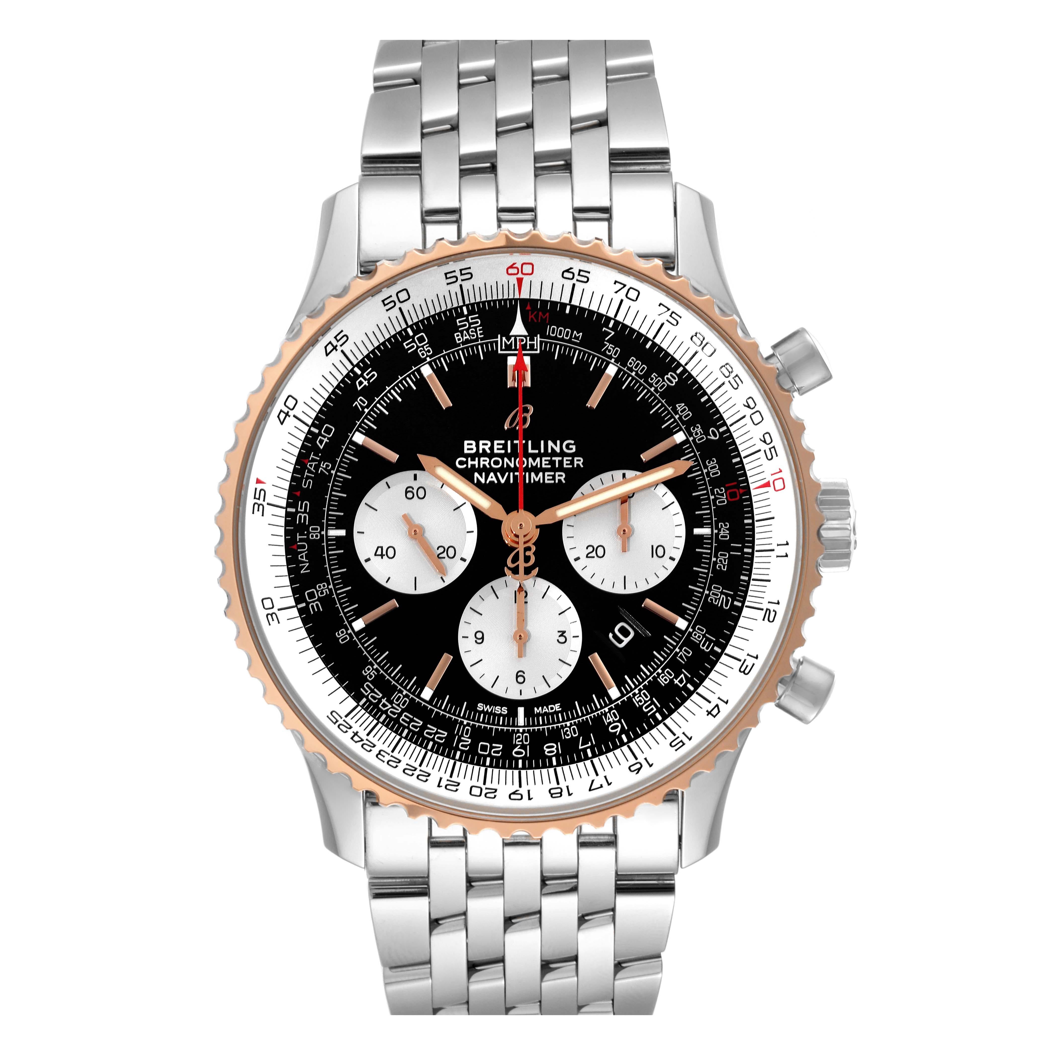 Breitling Navitimer 01 Steel Rose Gold Black Dial Mens Watch UB0127 Card. Self-winding automatic officially certified chronometer movement. Chronograph function. Stainless steel case 46.0 mm in diameter. Case thickness 14.50 mm. Transparent