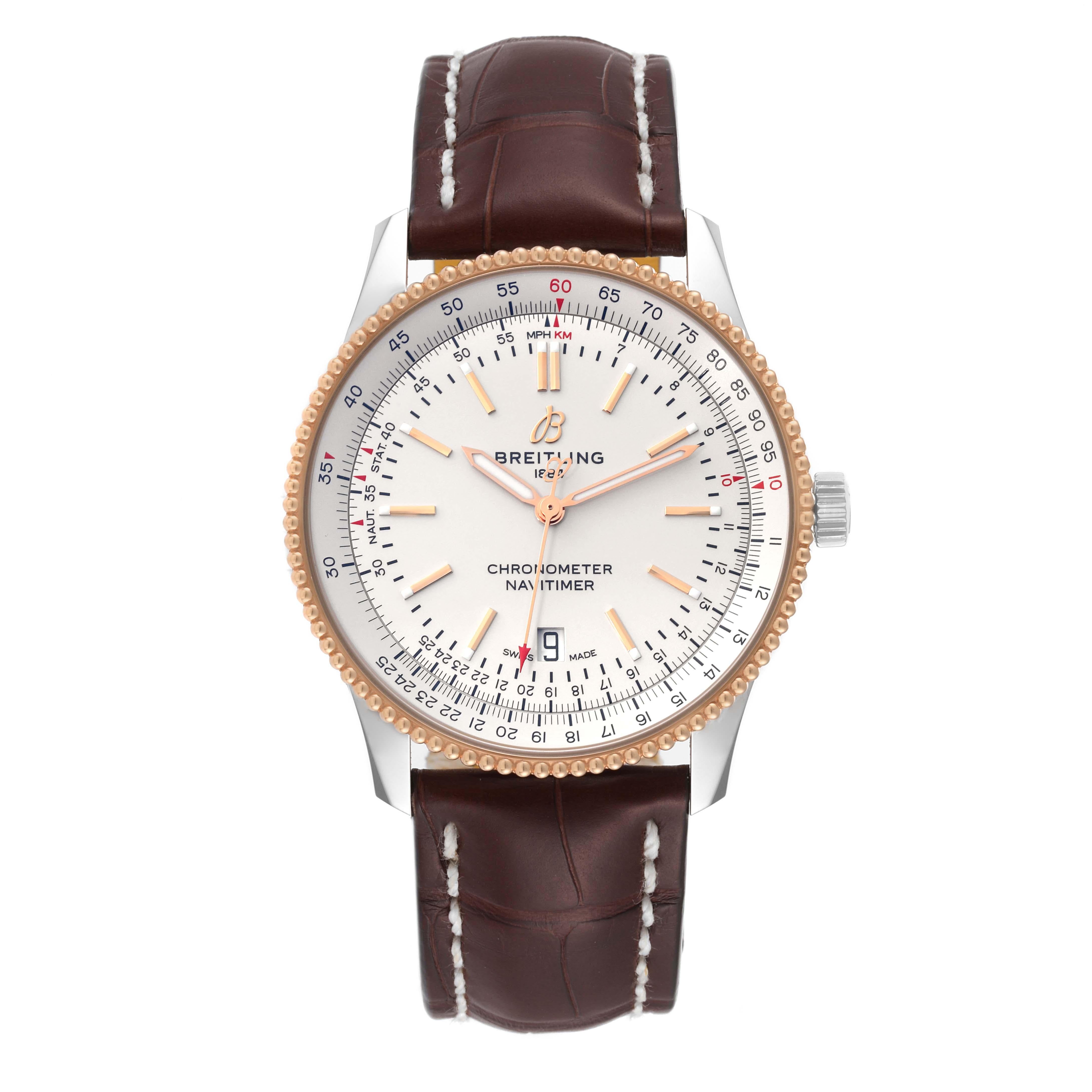 Breitling Navitimer 1 41mm Steel Rose Gold Mens Watch U17326 Box Card. Self-winding automatic officially certified chronometer movement. Stainless steel case 41 mm in diameter. 18k rose gold bidirectional revolving slide-rule bezel. Scratch