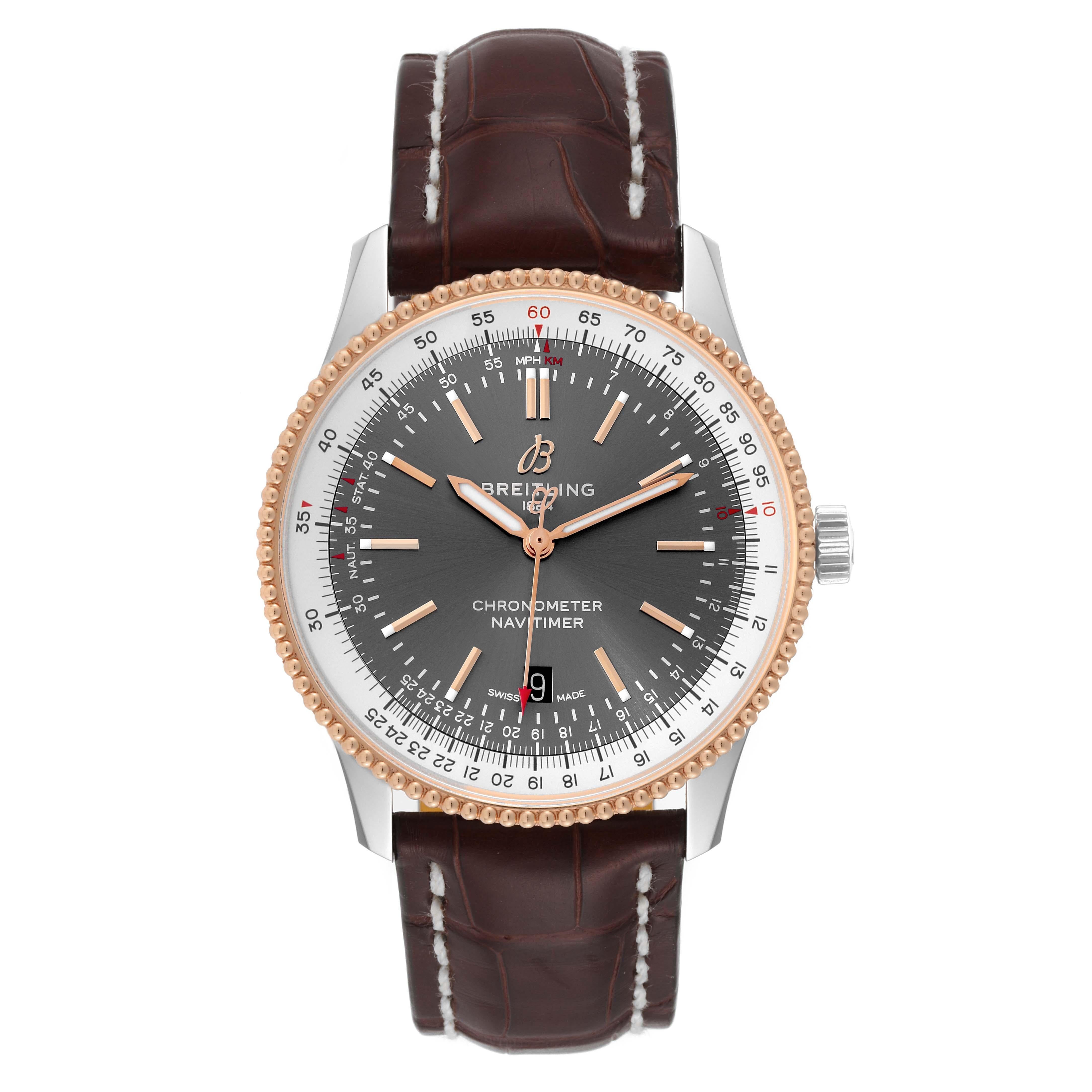 Breitling Navitimer 1 41mm Steel Rose Gold Mens Watch U17326 Card. Self-winding automatic officially certified chronometer movement. Stainless steel case 41 mm in diameter. 18k rose gold bidirectional revolving slide-rule bezel. Scratch resistant