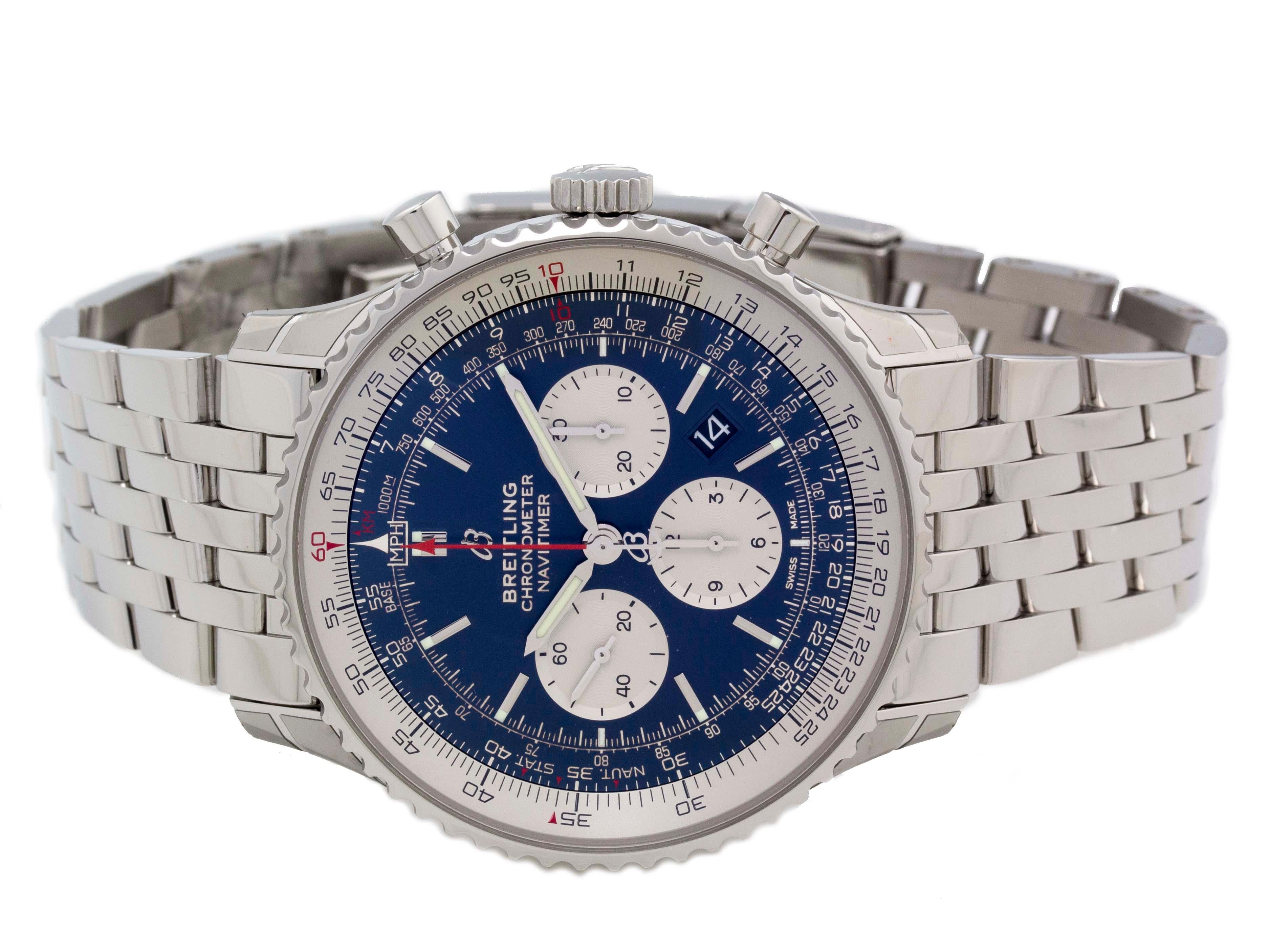 Brand	Breitling
Series	Navitimer 1
Model	AB0127211/C1A1
Gender	Men's
Condition	Excellent Display Model
Material	Stainless Steel
Finish	Polished
Caseback	Solid
Diameter	46mm
Thickness	14.51mm
Crystal	Sapphire Scratch Resistant
Crown	Screw