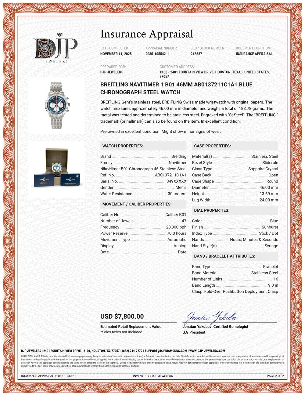 Breitling Navitimer 1 B01 46MM ab0137211c1a1 Orologio Cronografo Blu Steele in vendita 7