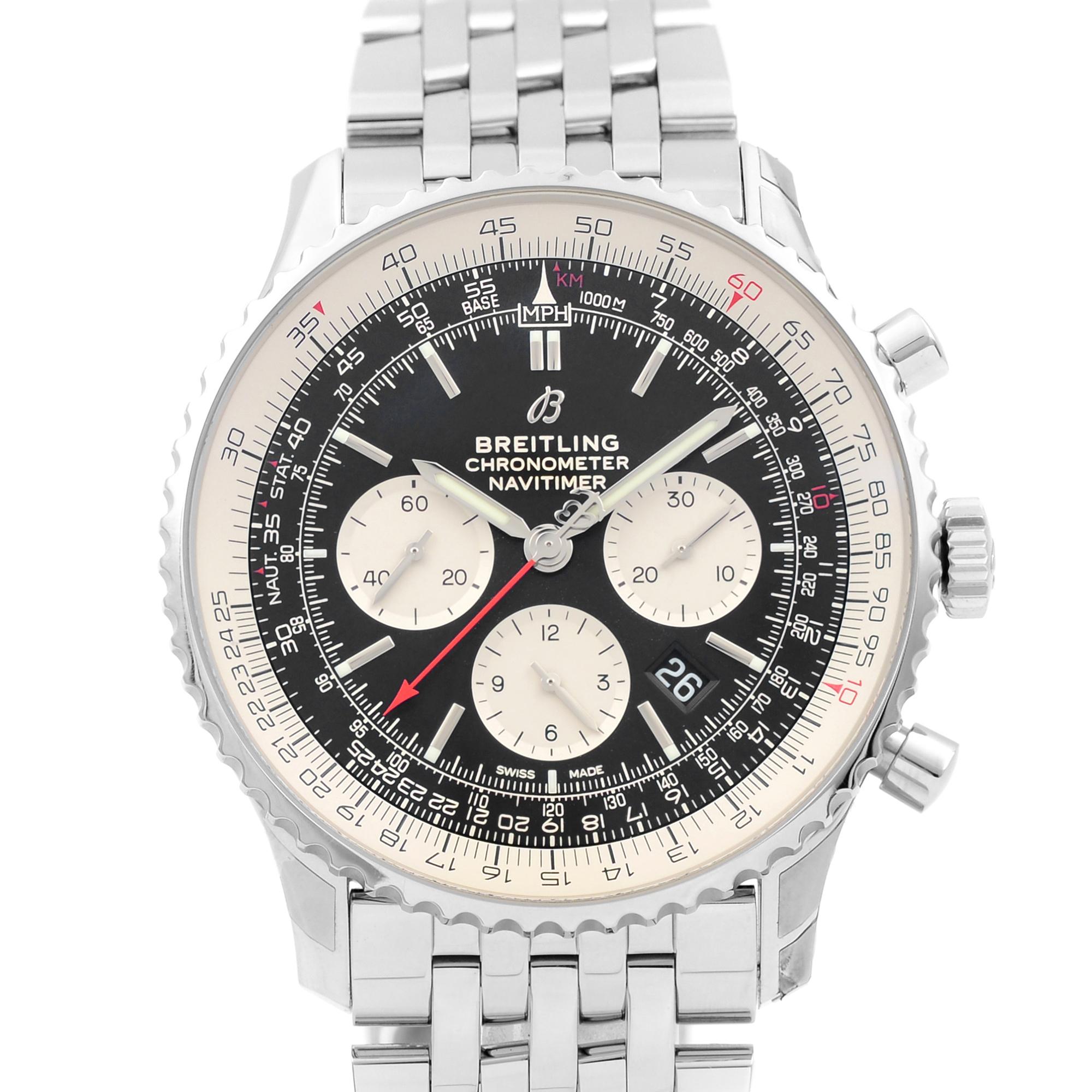 Store Display Model Never Worn. Can have minor blemishes or Missing tags and Stickers. Comes with an Original Box and Chronostore Authentication Certificate. Covered by a 3-year Chronostore warranty. 
Details:
MSRP 9450
Brand Breitling
Department