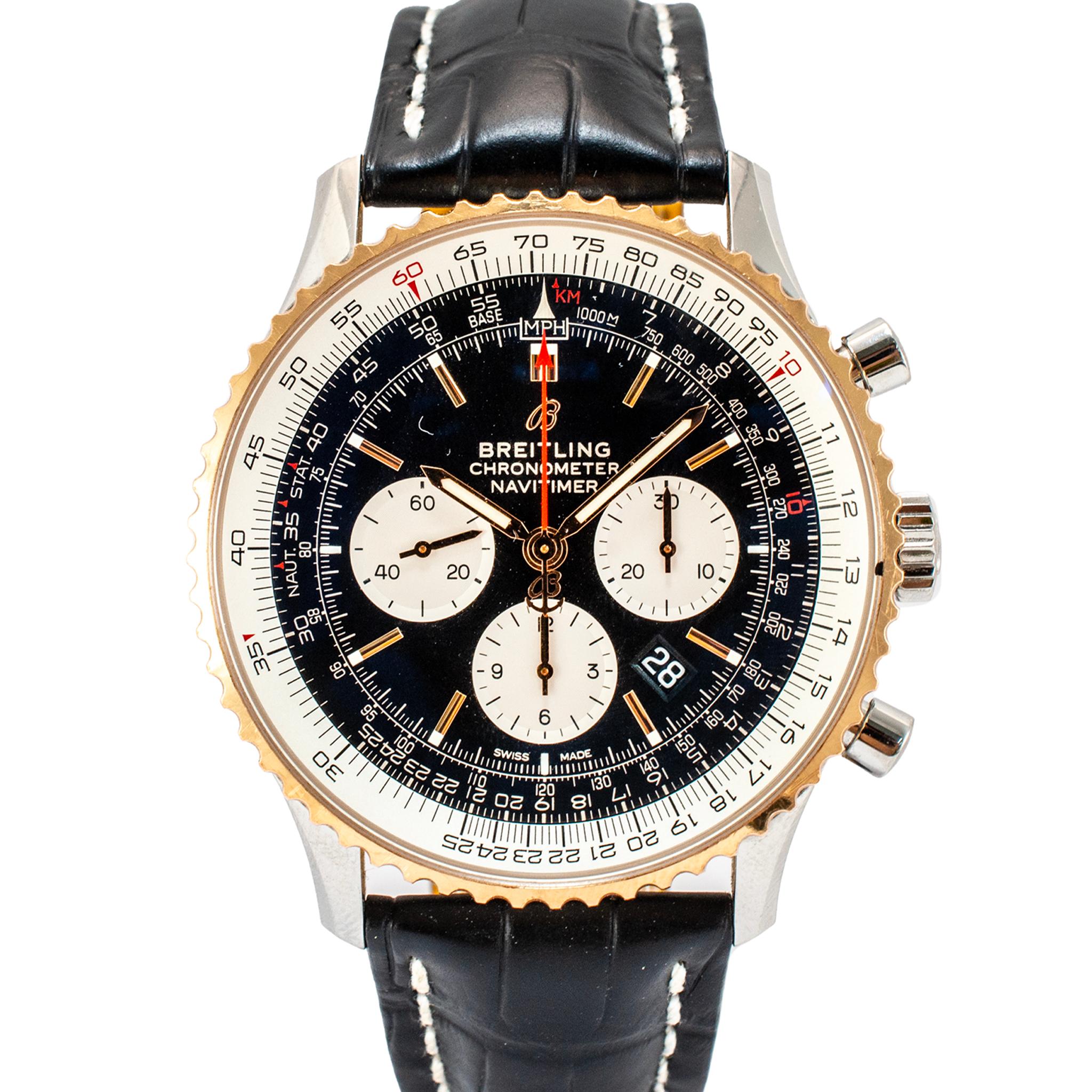 Marke: Breitling

Geschlecht: Männer

Metall Typ: Edelstahl & 18K Rose Gold

Durchmesser: 46,00 mm

Gewicht: 135,83 Gramm

Herren 18K Rose Gold und Edelstahl BREITLING Swiss made Armbanduhr. Die Marke 