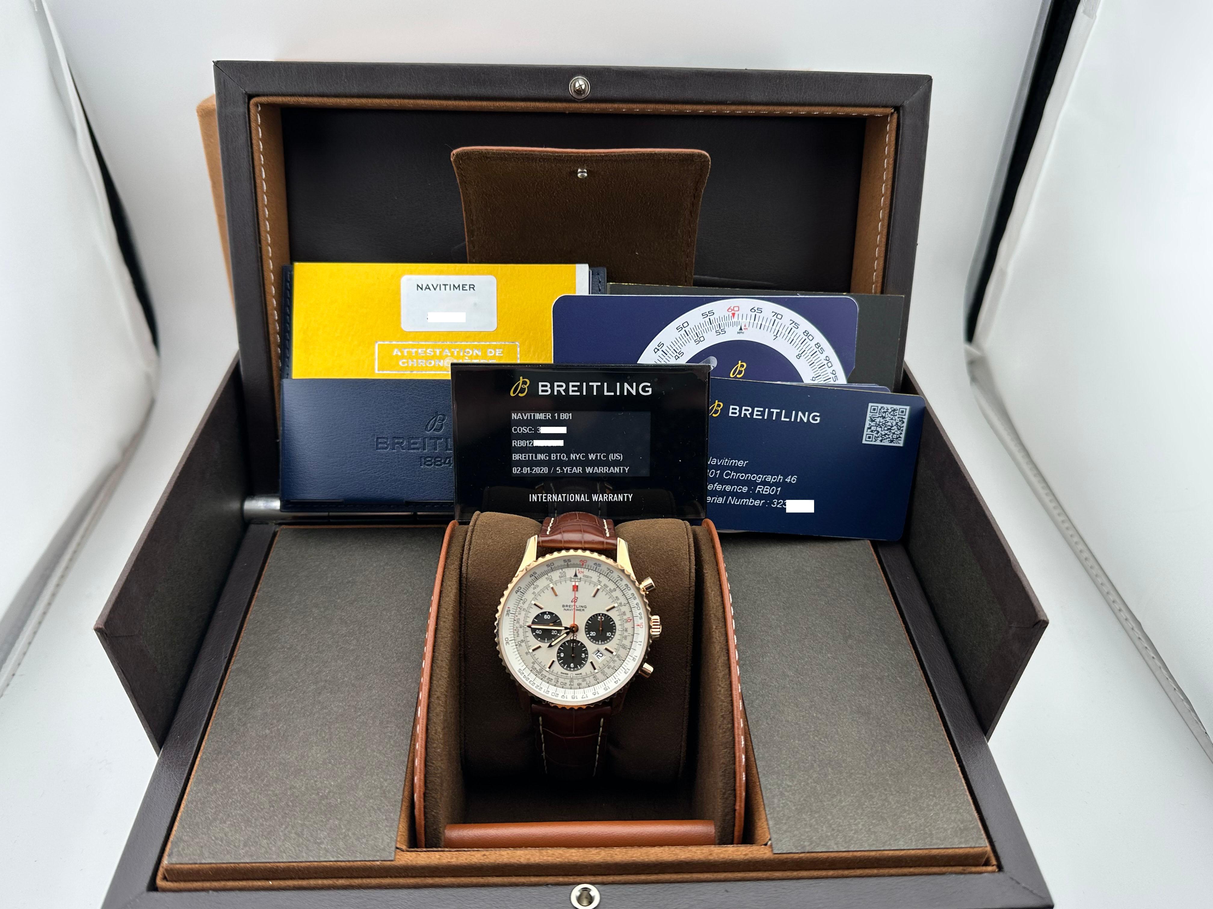 Stil Nummer:  RB0127



Jahr: 2020

 

Modell: Breitling Navitimer 1 B01 Chronograph

 

MATERIAL des Gehäuses: 18K Rose Gold 

 

Band: Braunes Leder 

 

Lünette: 18K Rose Gold 

 

Wählen:  Silber

 

Gesicht: Saphirglas 

 

Gehäusegröße: 46mm

