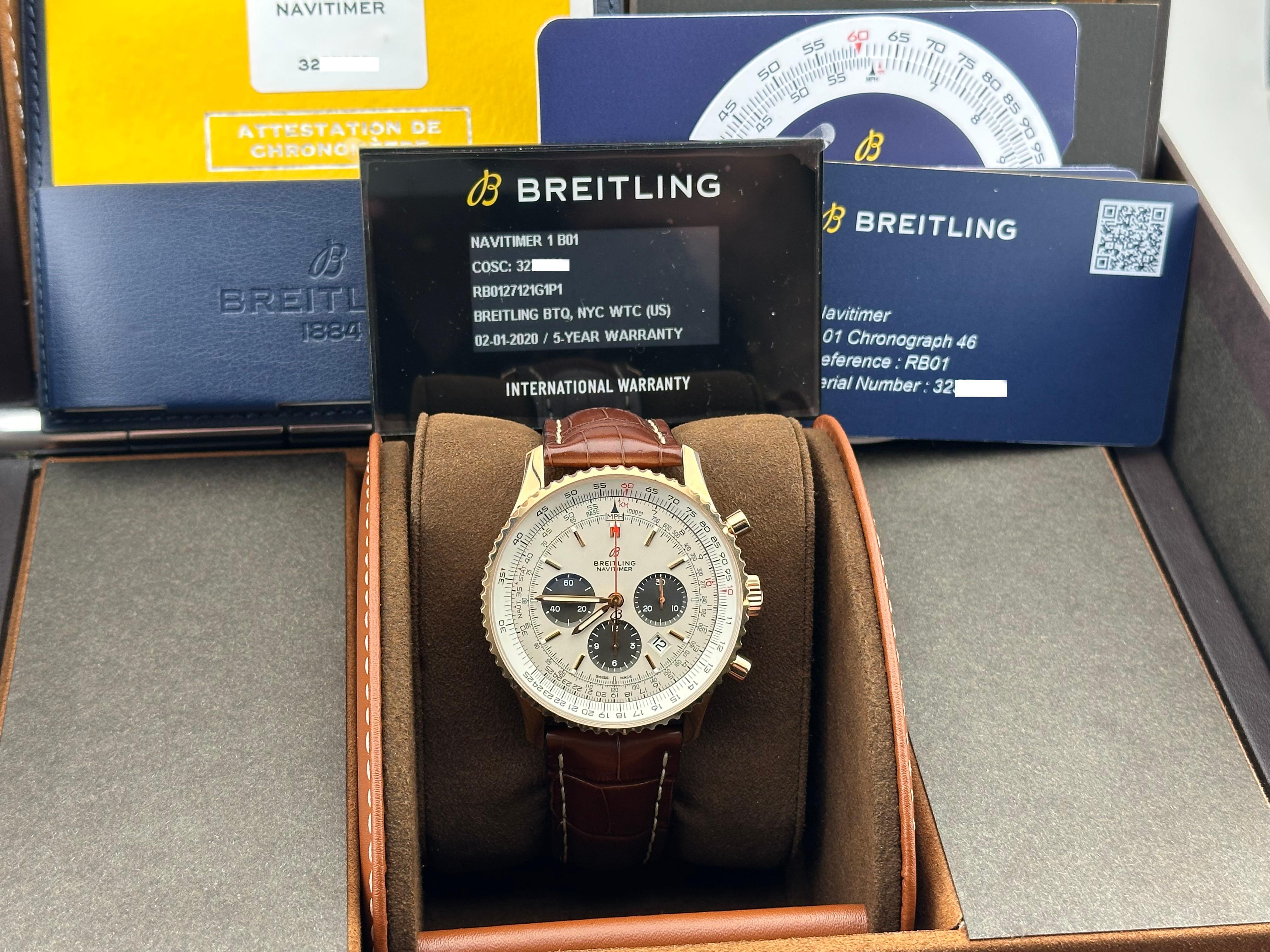 Breitling Navitimer 1 B01 Chronograph RB0127 18K Roségold Box Papier 46mm im Zustand „Hervorragend“ im Angebot in San Diego, CA