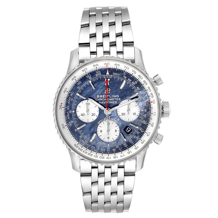 Breitling Navitimer 1 Blau MOP Zifferblatt Stahl Herrenuhr AB0121 Box Card. Automatisches, offiziell zertifiziertes Chronometerwerk mit Selbstaufzug. Chronographen-Funktion. Gehäuse aus Edelstahl mit einem Durchmesser von 43 mm. Gehäusedicke 14,25