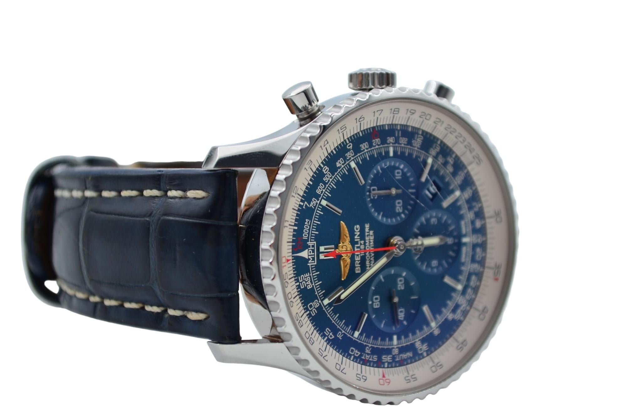 Breitling Navitimer 1 Chronograph 46mm Steel Blue Dial Leather Strap AB012721 For Sale 6