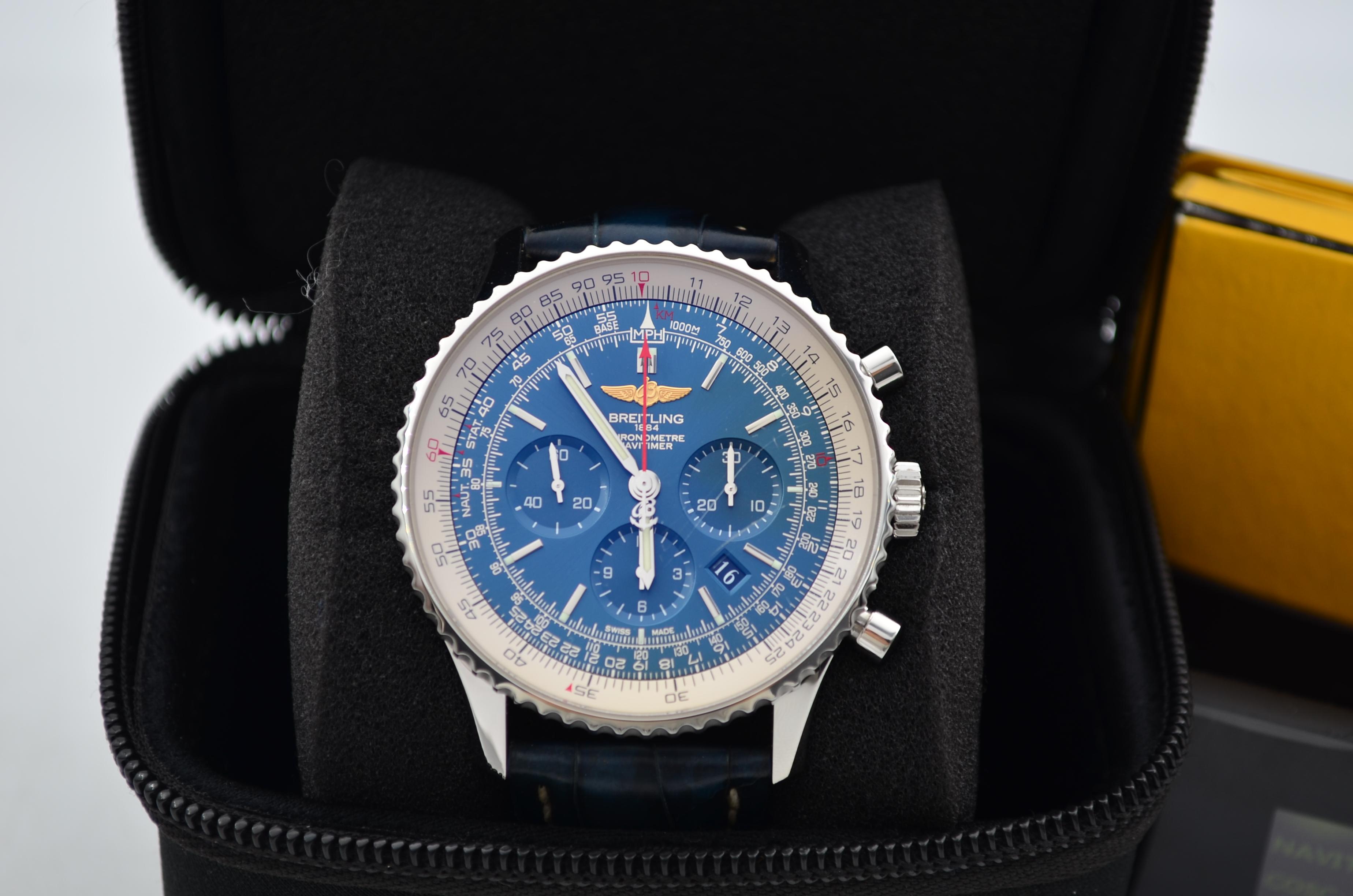 Breitling Navitimer 1 Chronograph 46mm Steel Blue Dial Leather Strap AB012721 In Excellent Condition For Sale In București, RO