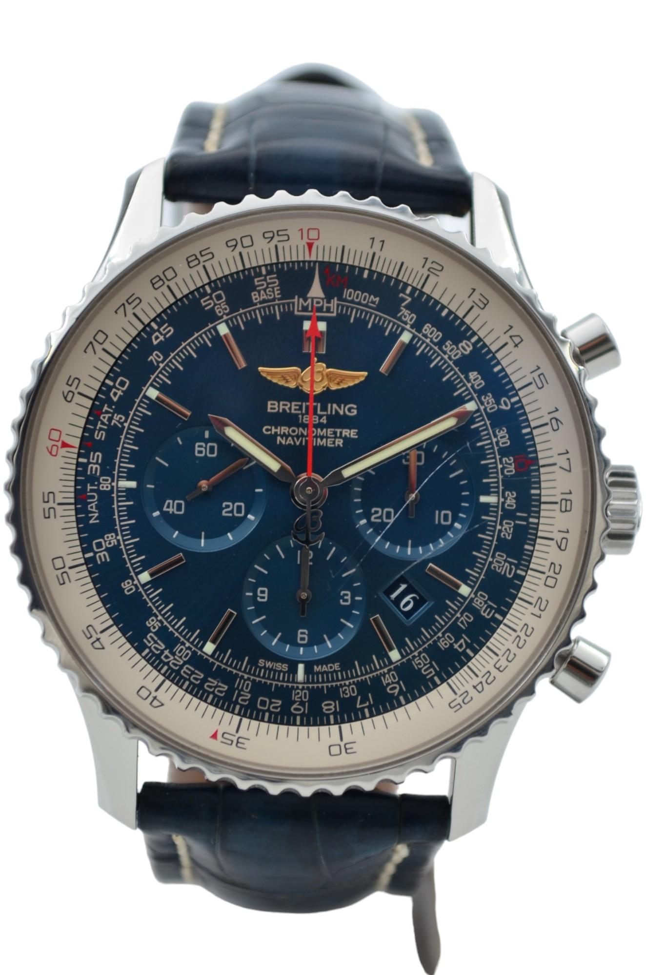 Men's Breitling Navitimer 1 Chronograph 46mm Steel Blue Dial Leather Strap AB012721 For Sale