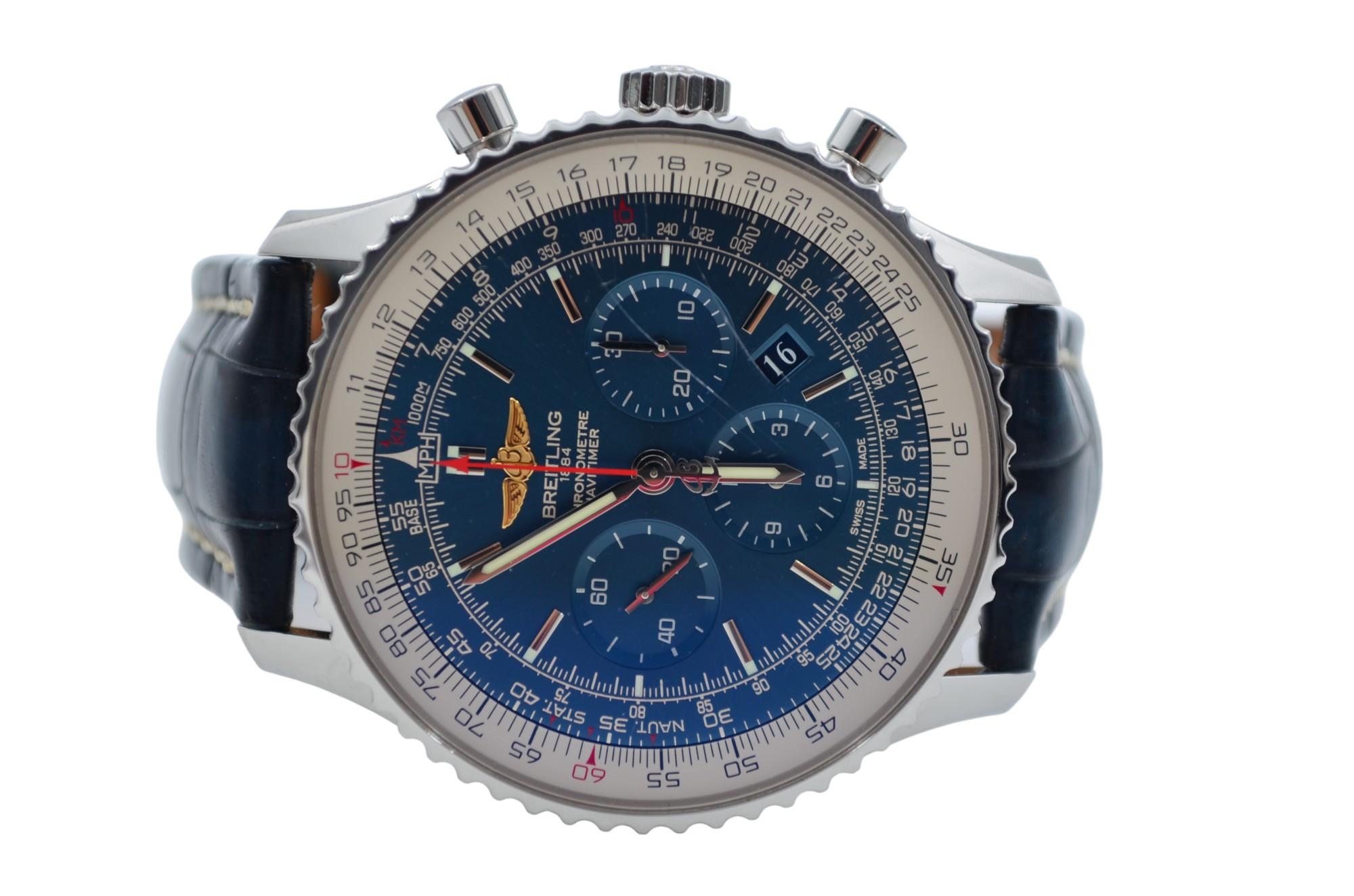 Breitling Navitimer 1 Chronograph 46mm Stahlblaues Zifferblatt Lederarmband AB012721 im Zustand „Hervorragend“ im Angebot in București, RO