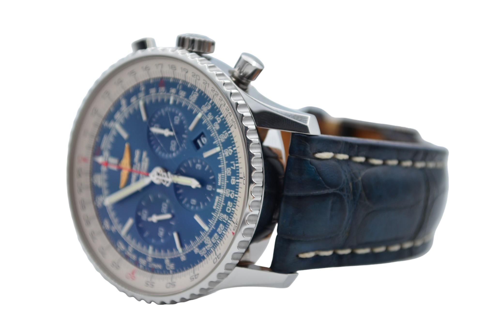 Breitling Navitimer 1 Chronograph 46mm Steel Blue Dial Leather Strap AB012721 For Sale 2