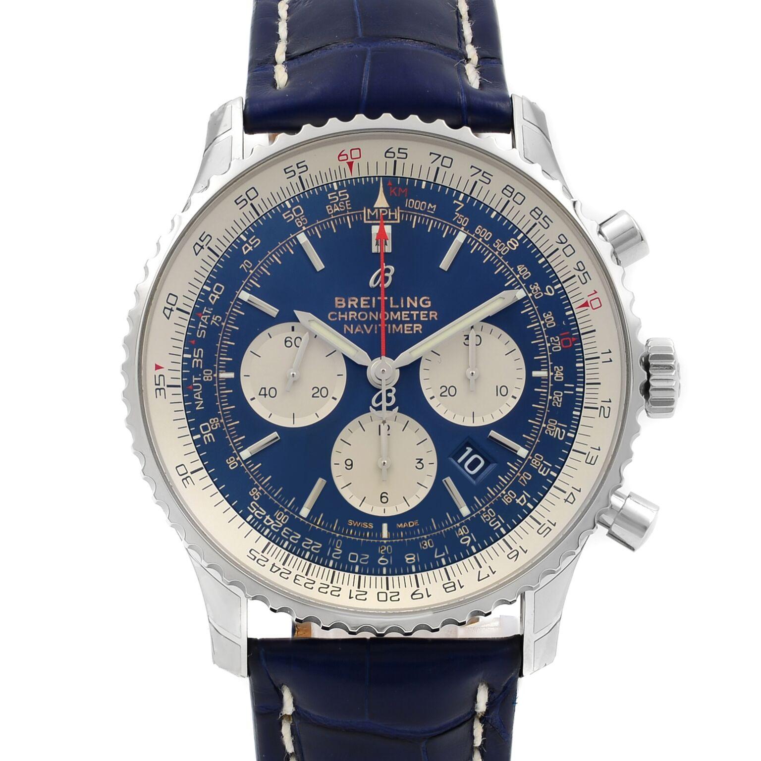 This New Without Tags Breitling Navitimer 1  AB0127211C1P2  is a beautiful men's timepiece that is powered by mechanical (automatic) movement which is cased in a stainless steel case. It has a round shape face, chronograph, date indicator, small