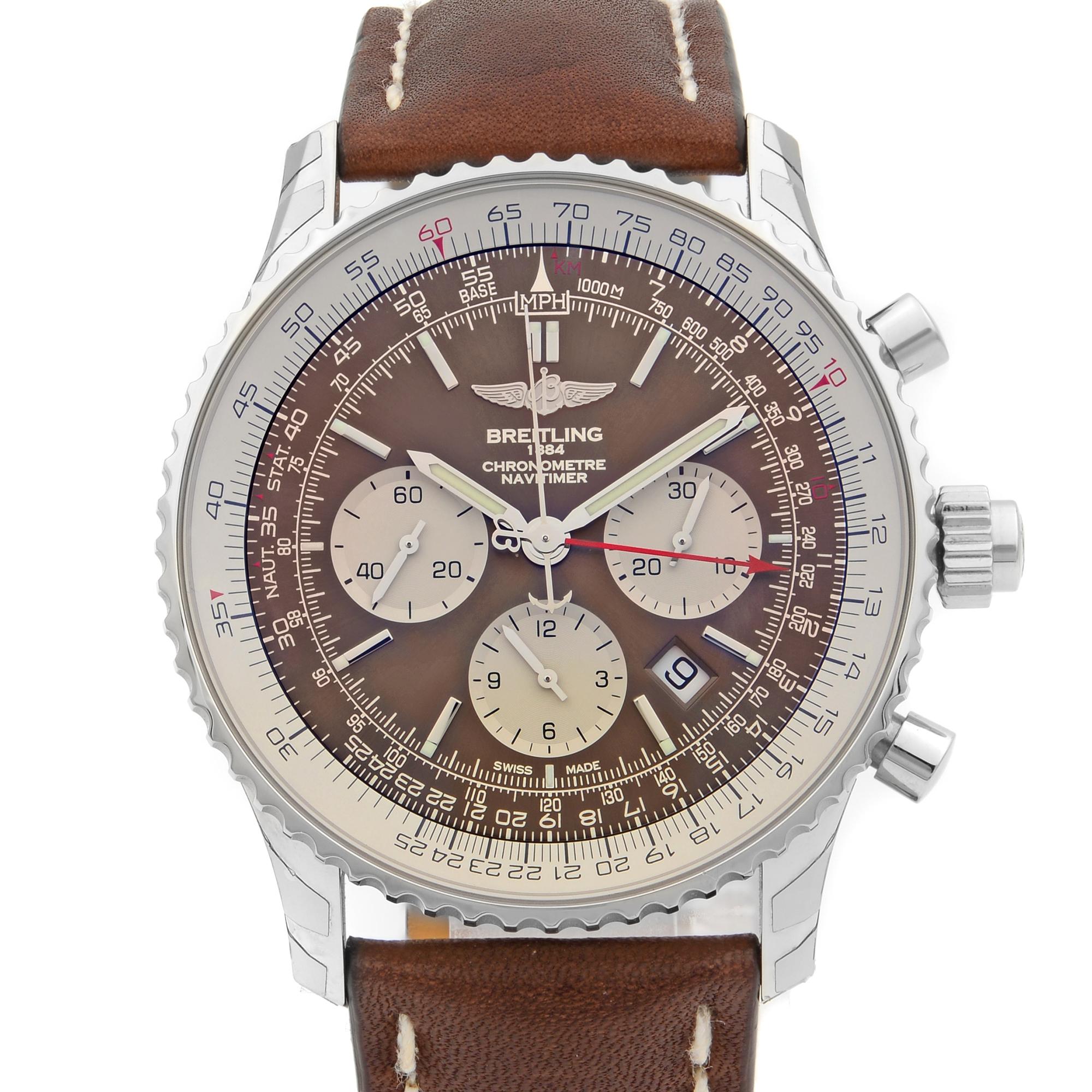 This New With Defects Breitling Navitimer  AB031021/Q615-443X  is a beautiful men's timepiece that is powered by an automatic movement which is cased in a stainless steel case. It has a round shape face, chronograph, chronograph hand, small seconds
