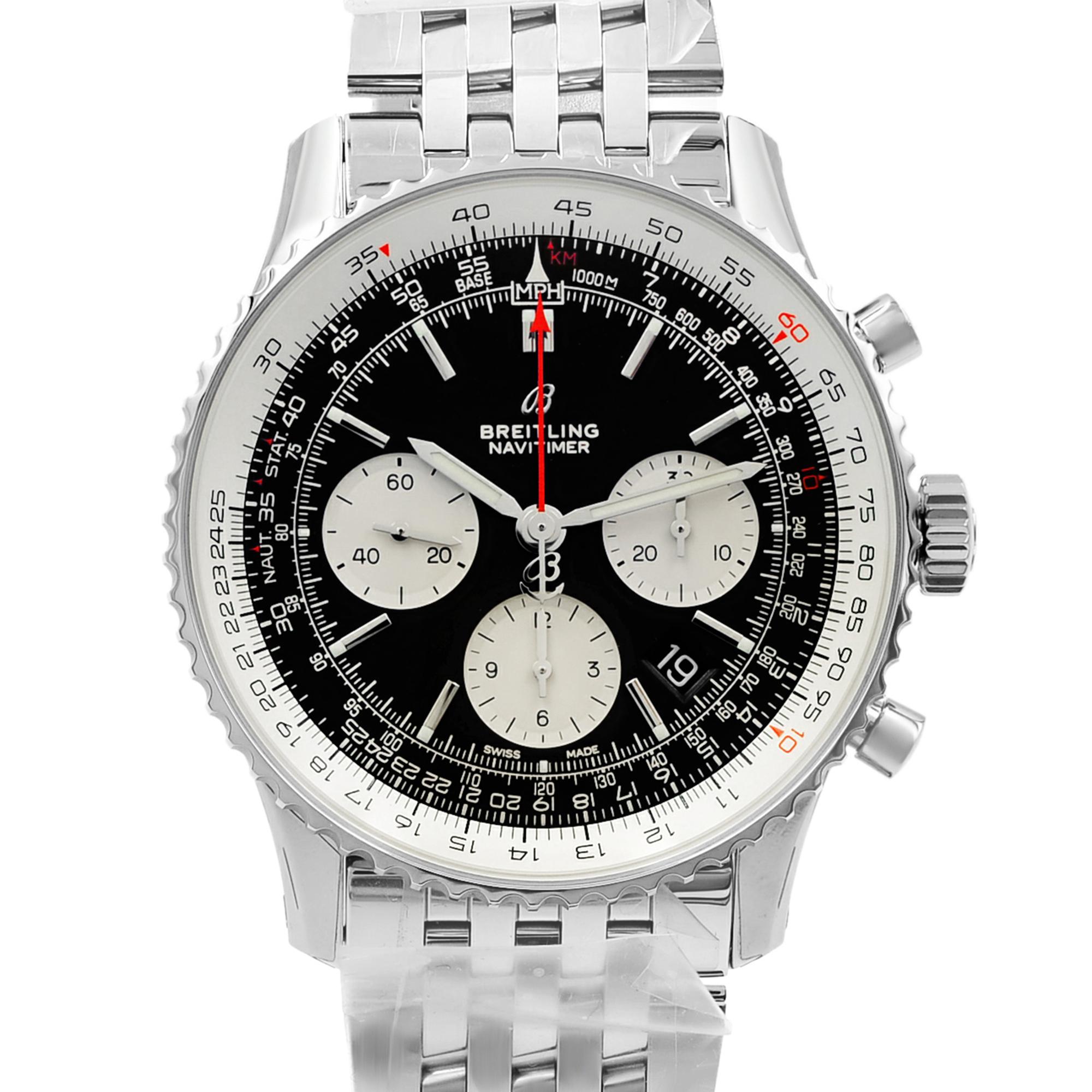 This  never been worn  Breitling Navitimer 1 AB012121/B1A1-450A is a beautiful men's timepiece that is powered by mechanical (automatic) movement which is cased in a stainless steel case. It has a round shape face, chronograph, date indicator, small