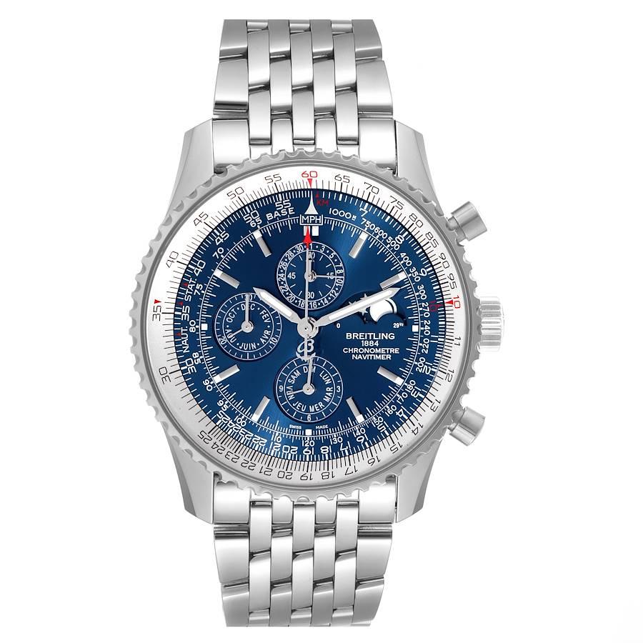 Breitling Navitimer 1461 Chrono Moonphase Limited Edition Watch A19370 Box Card. Self-winding automatic officially certified chronometer movement. Chronograph function. Stainless steel case 46.0 mm in diameter. Stainless steel screwed-down crown and