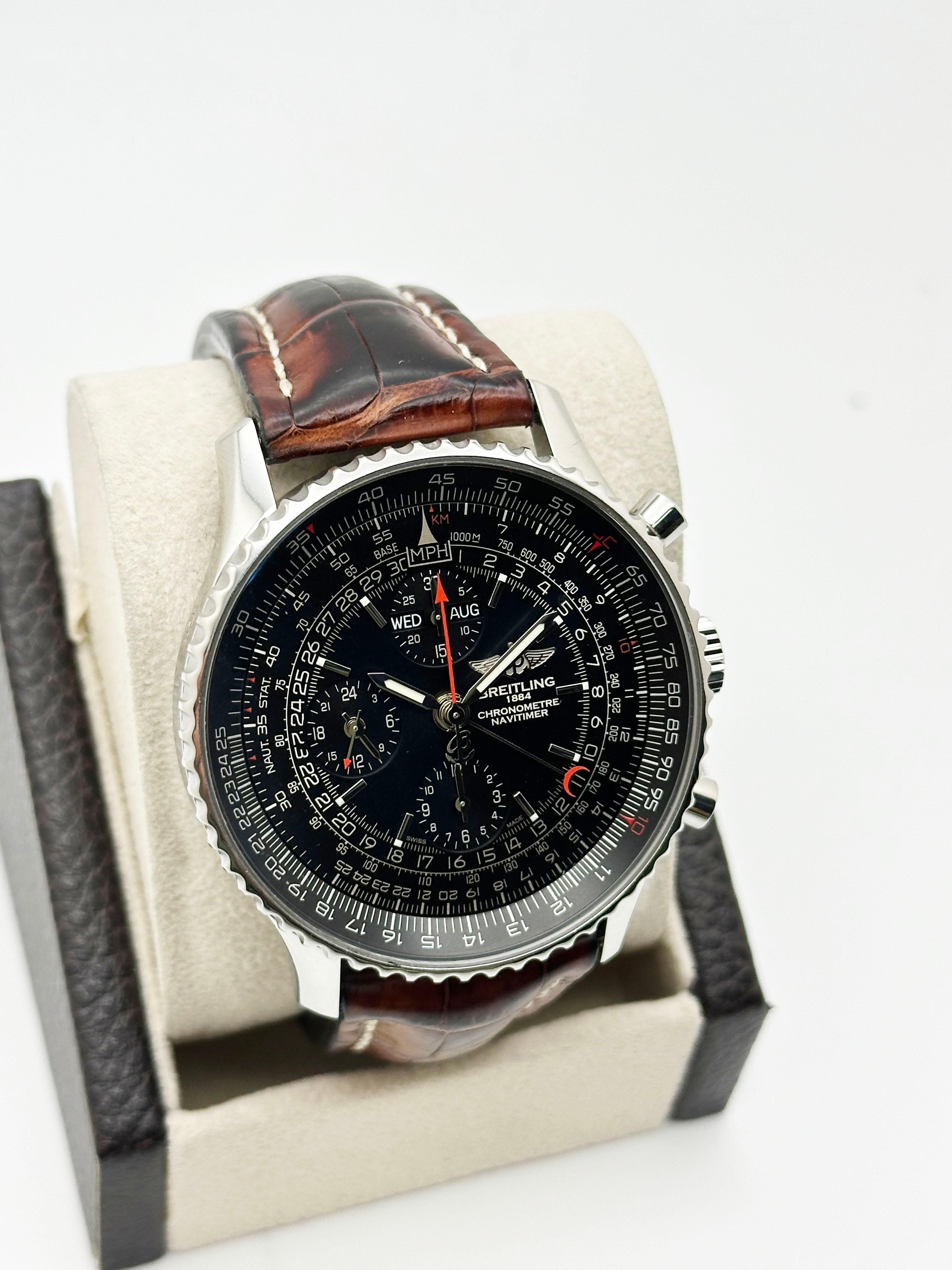 Breitling Navitimer 1884 A21350 Quadrante nero Acciaio inossidabile Cinturino in pelle 45mm In condizioni ottime in vendita a San Diego, CA