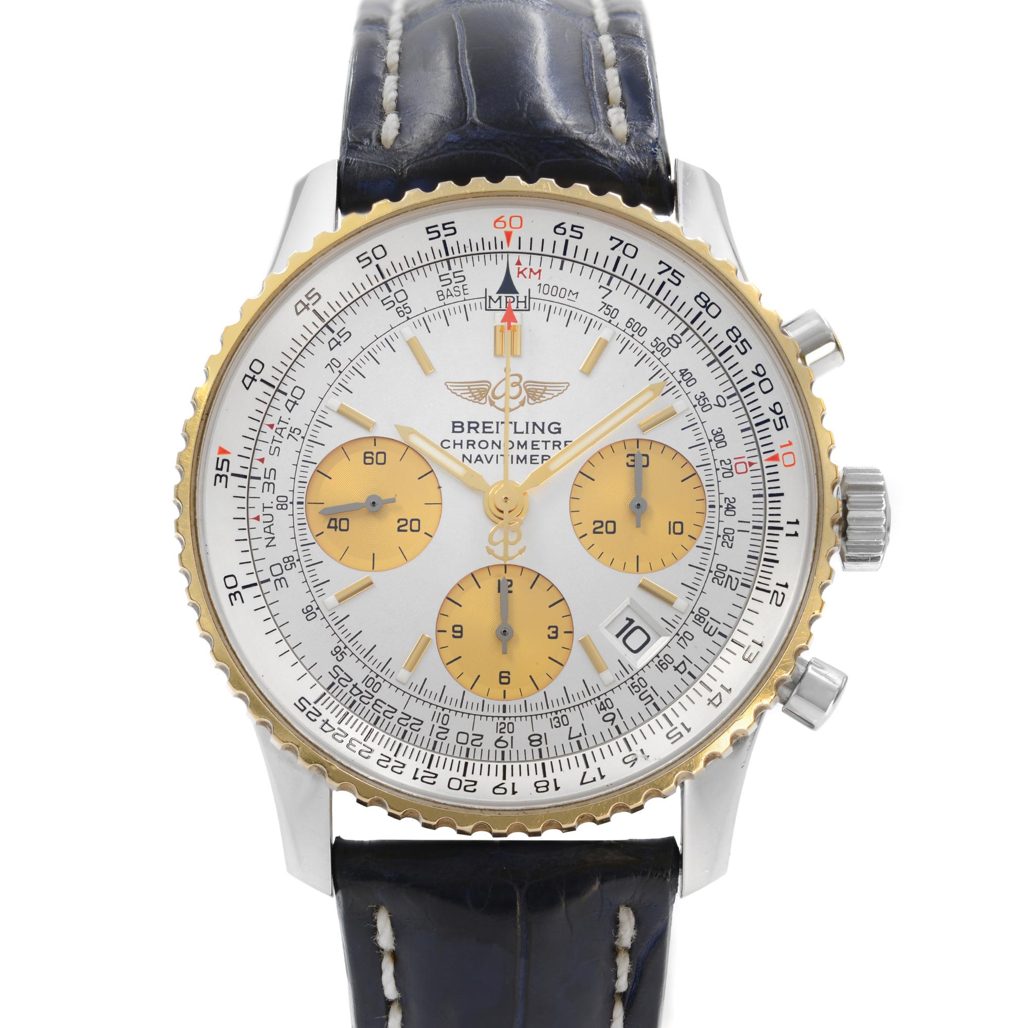 Pre-owned Breitling Navitimer 42mm 18K Gold Steel Silver Dial Men's Automatic Watch D23322. 18k yellow gold bezel. This Beautiful Timepeaice is Powered by an Automatic Movement and Features: Chronograph, Date indicator Between 4-5 O'Clock, and