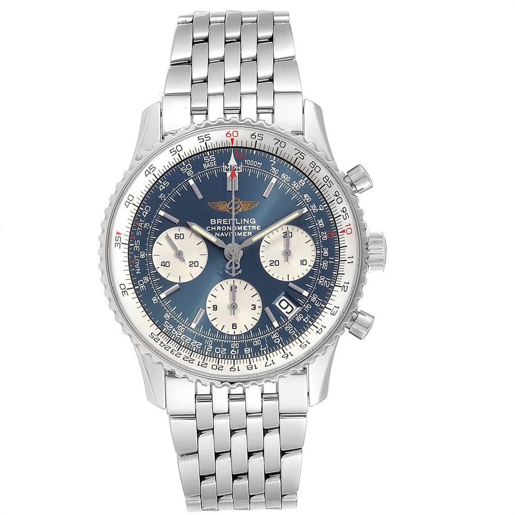 Breitling Navitimer 42mm Blue Baton Dial Steel Mens Watch A23322 Papers. Automatic self-winding officially certified chronometer movement. Chronograph function. Rhodium-plated, 25 jewels, straight-line lever escapement, monometallic balance adjusted