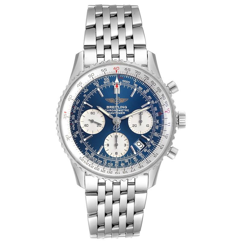 Breitling Navitimer 42mm blau Zifferblatt Chronograph Stahl Herrenuhr A23322. Automatisches Chronometerwerk mit automatischem Aufzug, offiziell zertifiziert. Chronographen-Funktion. Rhodiniert, 25 Steine, geradlinige Ankerhemmung, monometallische