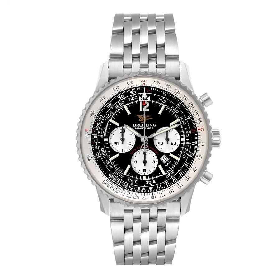 Breitling Navitimer 50th Anniversary Black Dial Mens Watch A41322. Self-winding automatic officially certified chronometer movement. Chronograph function. Brushed stainless steel case 43 mm in diameter. Caseback engraved 50th anniversary 1952 -