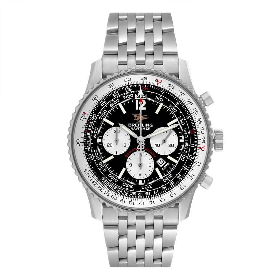 Breitling Navitimer 50th Anniversary Black Dial Mens Watch A41322. Self-winding automatic officially certified chronometer movement. Chronograph function. Brushed stainless steel case 43 mm in diameter. Caseback engraved 50th anniversary 1952 -