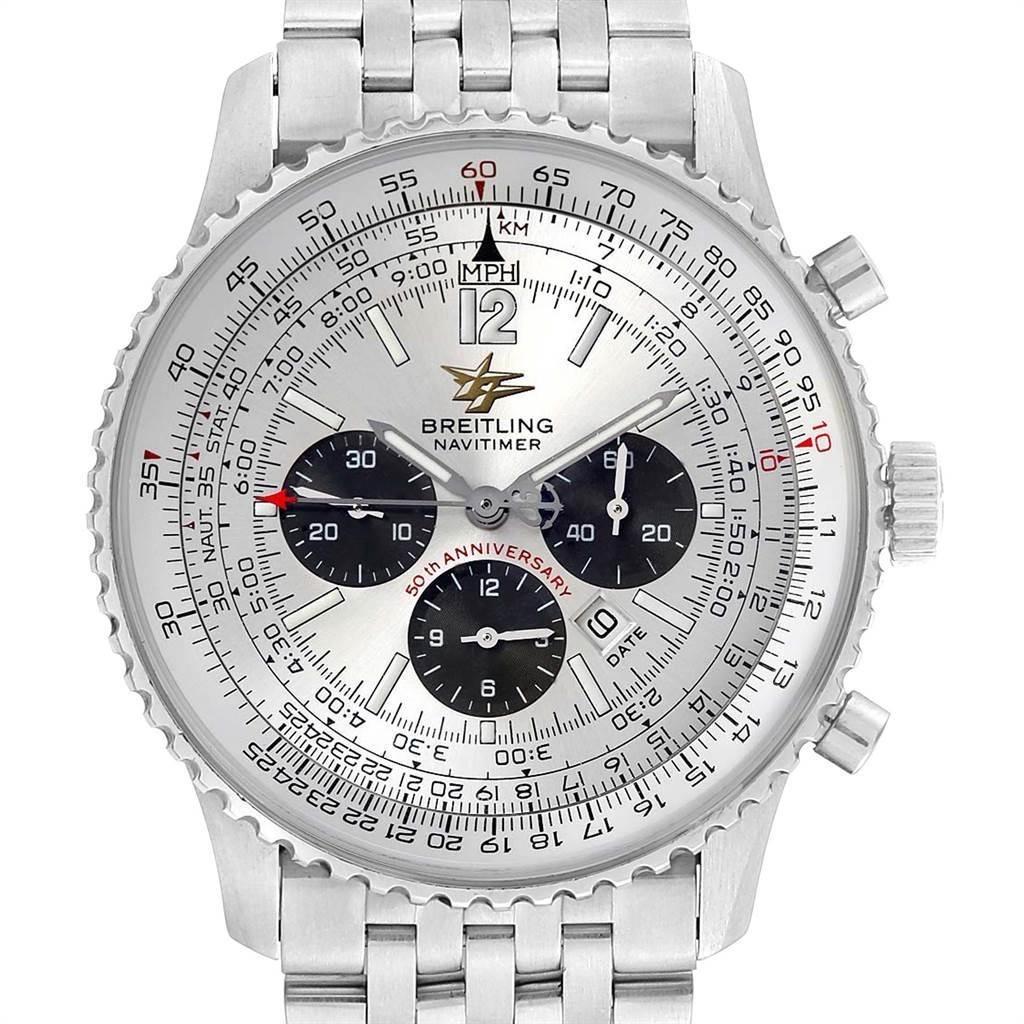 Breitling Navitimer 50th Anniversary Silver Dial Mens Watch A41322. Self-winding automatic officially certified chronometer movement. Chronograph function. Brushed stainless steel case 43 mm in diameter. Stainless steel screwed-down crown and