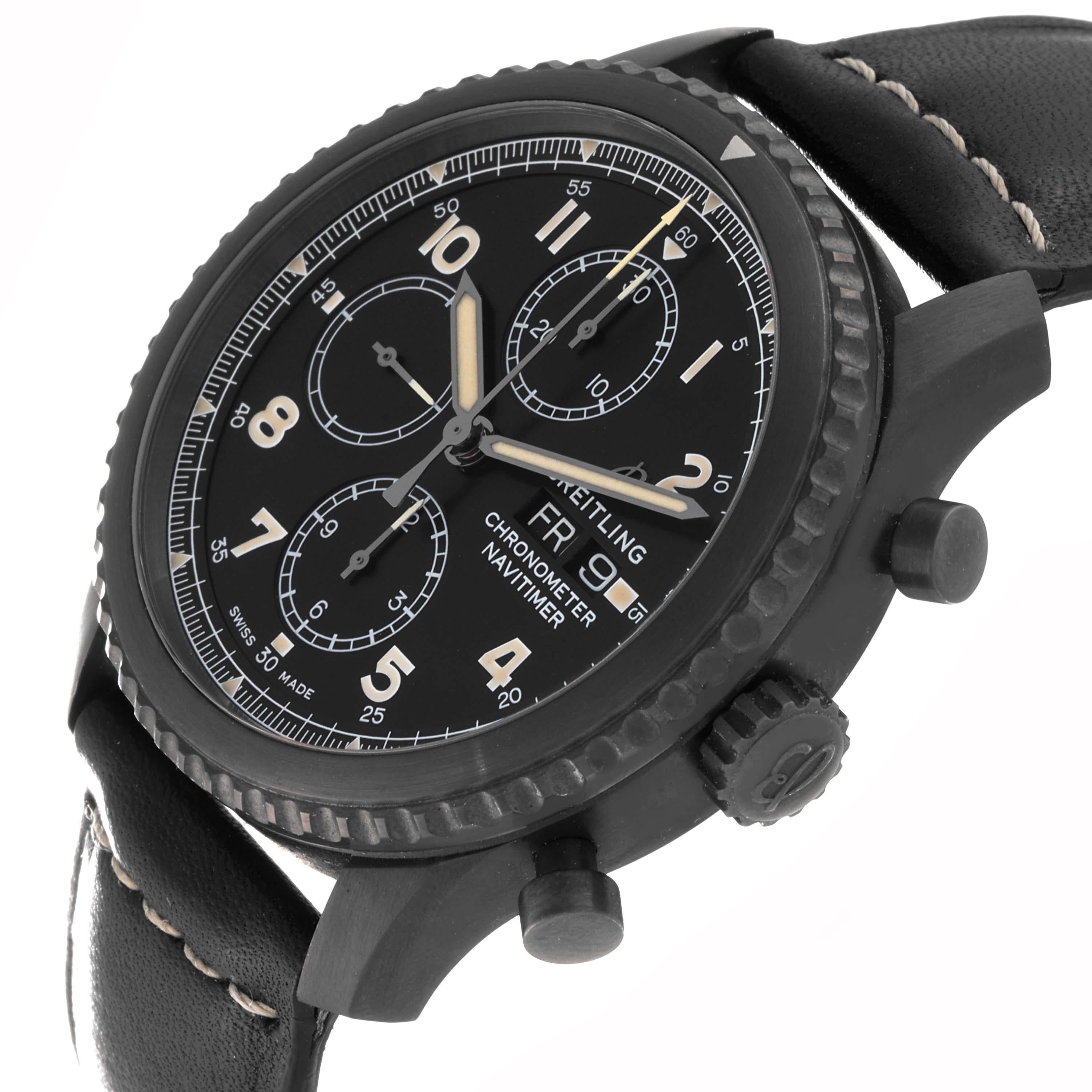 Breitling Navitimer 8 Chronograph 43 DLC Steel Mens Watch M13314 Box Card. Automatic self-winding movement. DLC-coated stainless steel case 43 mm in diameter and 14 mm in thickness. Screwed-down crown. Lapidated lugs. Black bidirectional rotating