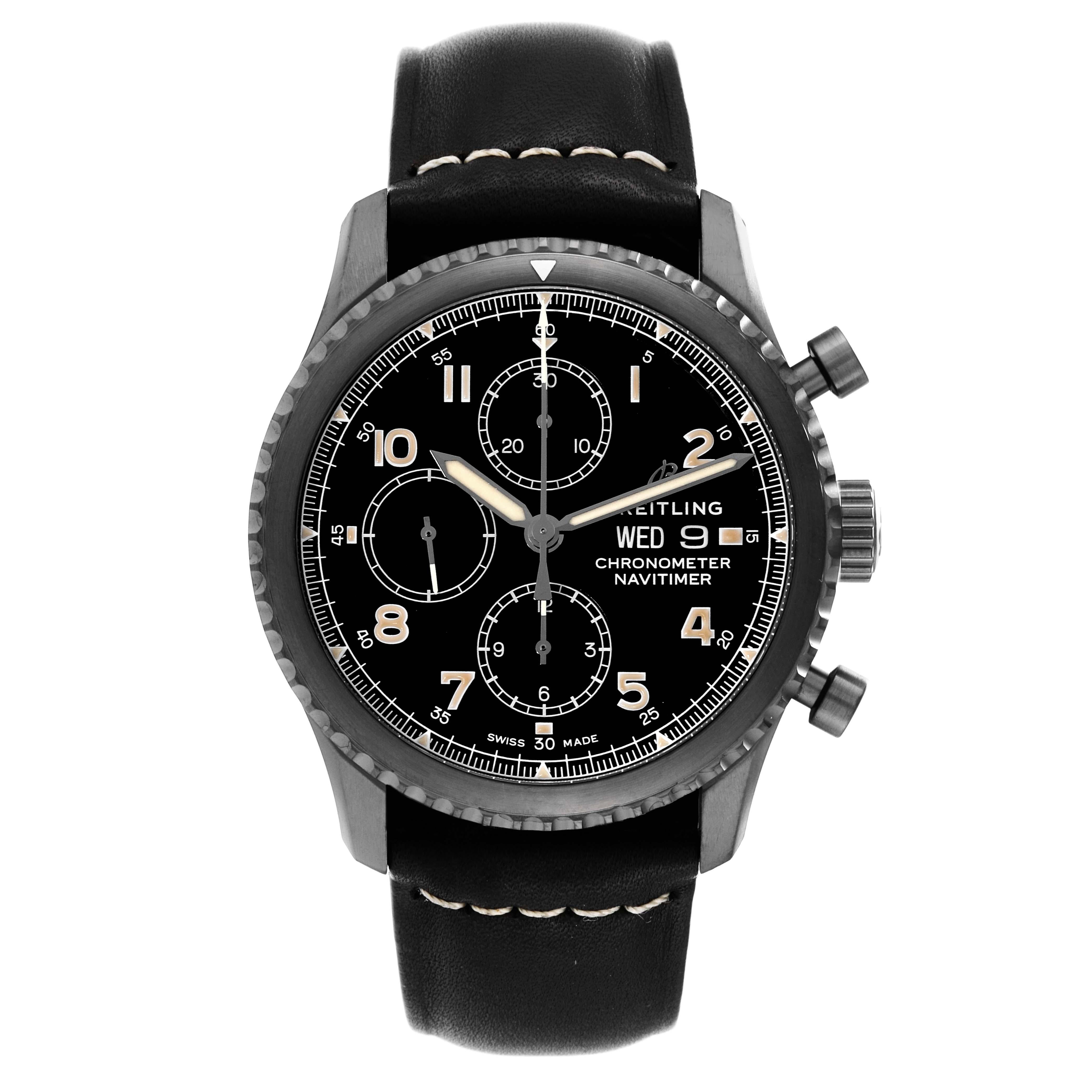 Breitling Navitimer 8 Chronograph 43 DLC Steel Mens Watch M13314 Unworn. Automatic self-winding movement. DLC-coated stainless steel case 43 mm in diameter and 14 mm in thickness. Screwed-down crown. Lapidated lugs. Black bidirectional rotating