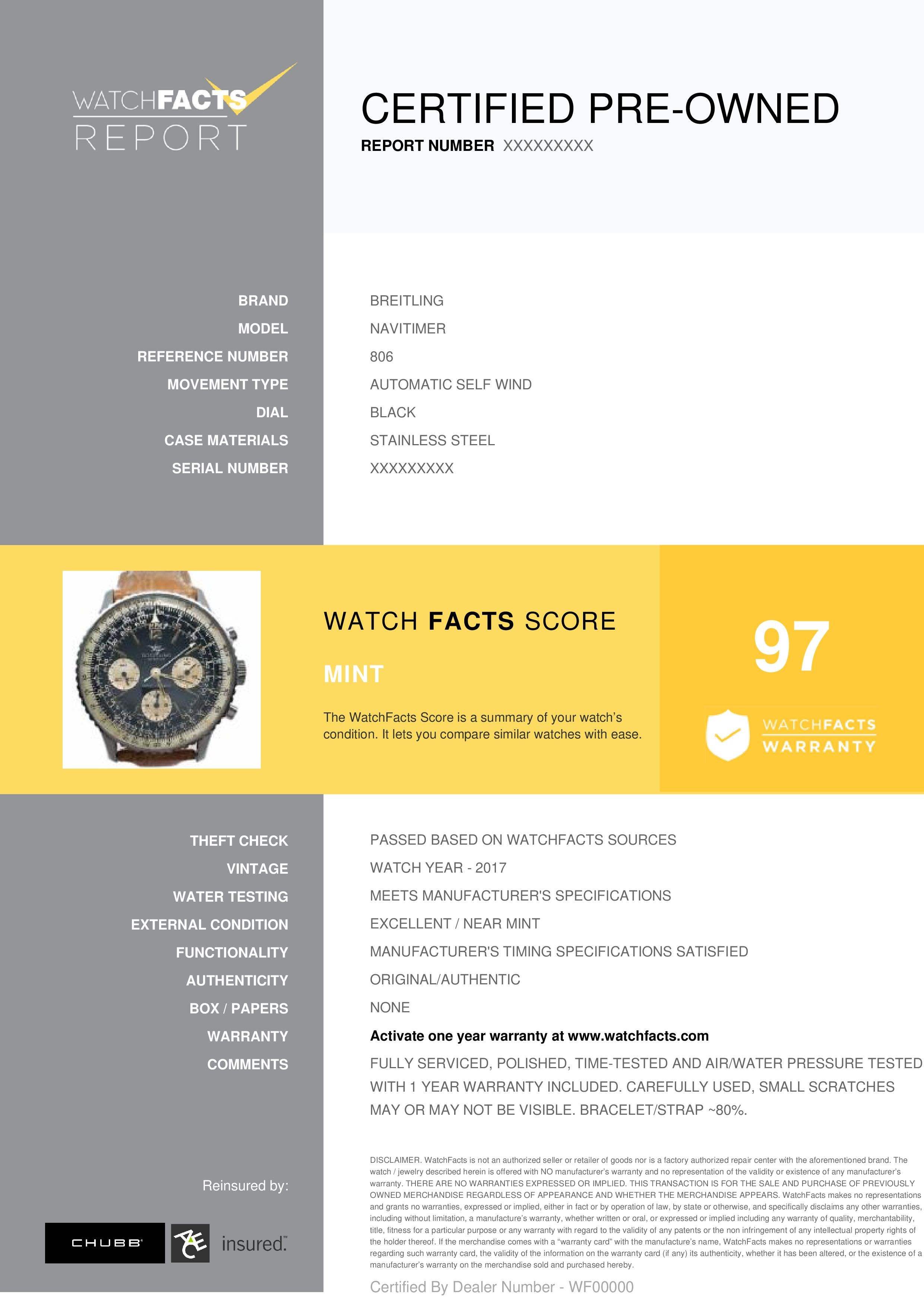 Breitling Navitimer Reference #:806. Pre-owned Men's Breitling Navitimer 40mm 806 leather strap, stainless steel bezel, on black face.. Verified and Certified by WatchFacts. 1 year warranty offered by WatchFacts.
