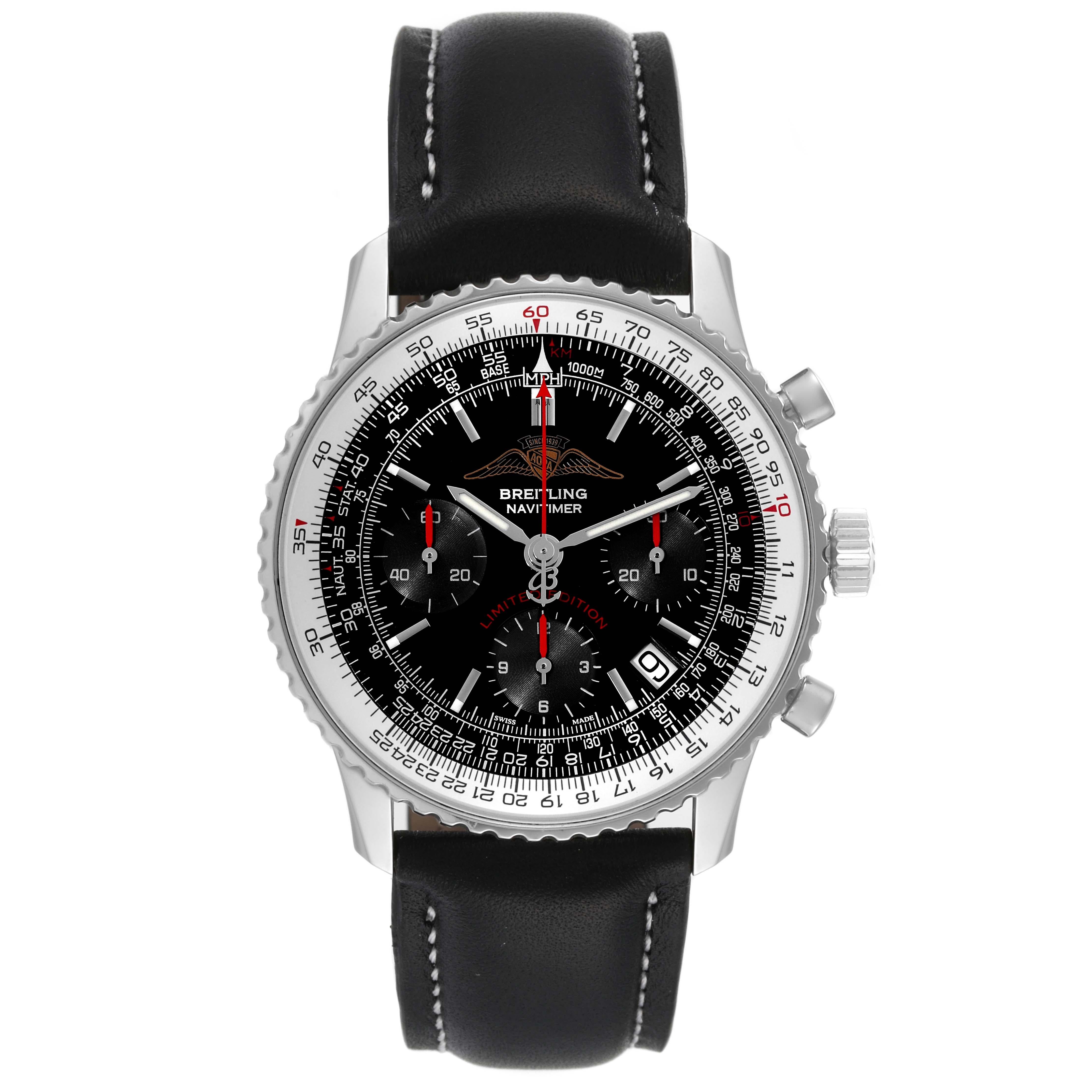 Breitling Navitimer AOPA LE Black Dial Steel Mens Watch A23322 Box Papers. Automatic self-winding officially certified chronometer movement. Chronograph function. Rhodium-plated, 25 jewels, straight-line lever escapement, monometallic balance