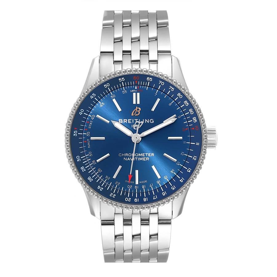 Breitling Navitimer Automatic 35 Blue Dial Steel Ladies Watch A17395 Box Card. Automatisches, offiziell zertifiziertes Chronometerwerk mit Selbstaufzug. Gehäuse aus Edelstahl mit einem Durchmesser von 35 mm. Bidirektional drehbare Lünette aus