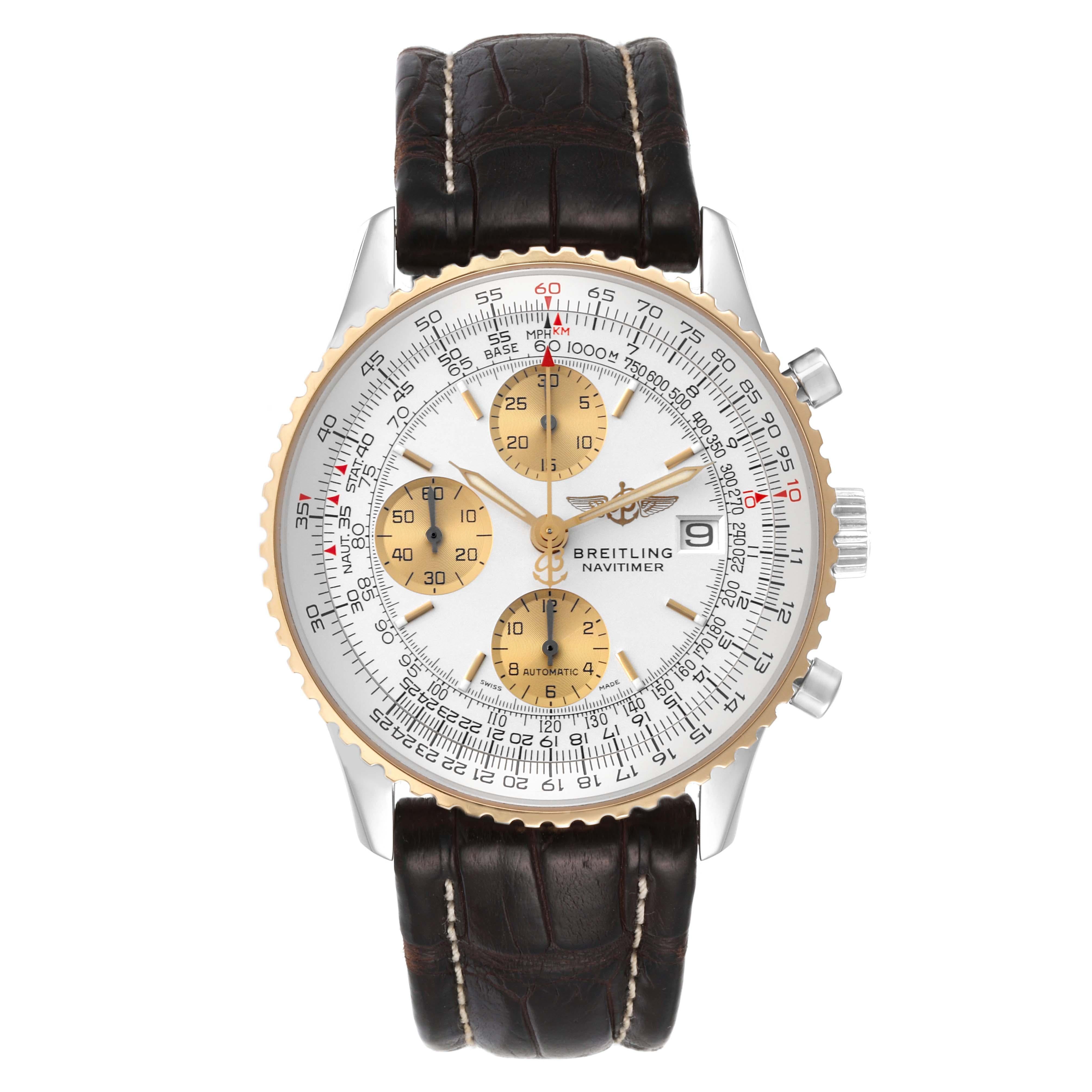 Breitling Navitimer Automatic Steel Yellow Gold Mens Watch D13322. Officially certified chronometer automatic self-winding movement. Chronograph function. Stainless steel case 41.5 mm in diameter. 18k yellow gold bidirectional rotating bezel.