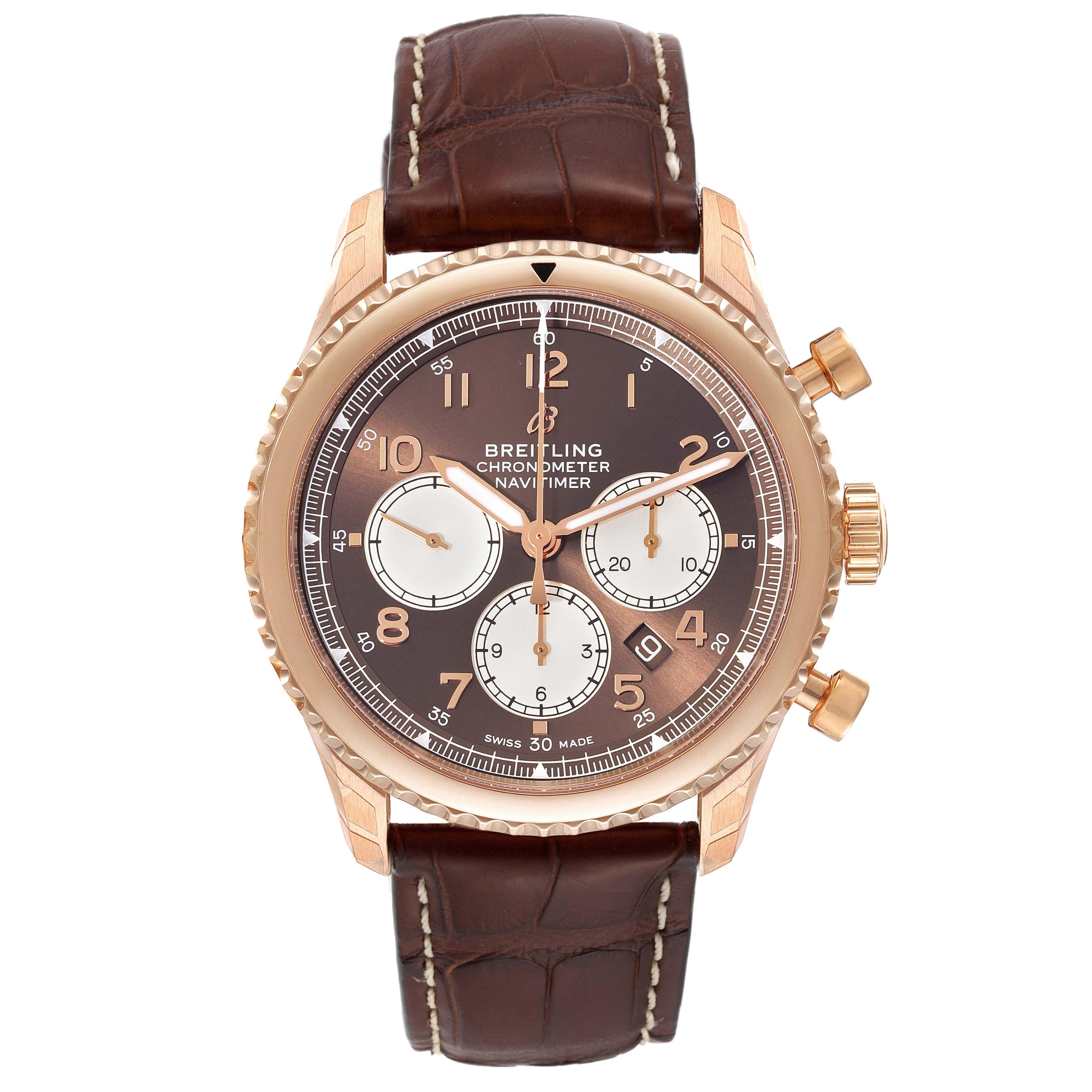Breitling Navitimer Aviator 8 B01 Rose Gold Mens Watch RB0117 Unworn. Self-winding automatic officially certified chronometer movement. Chronograph function. 18k rose gold case 43.0 mm in diameter. Exhibition transparent sapphire crystal caseback.